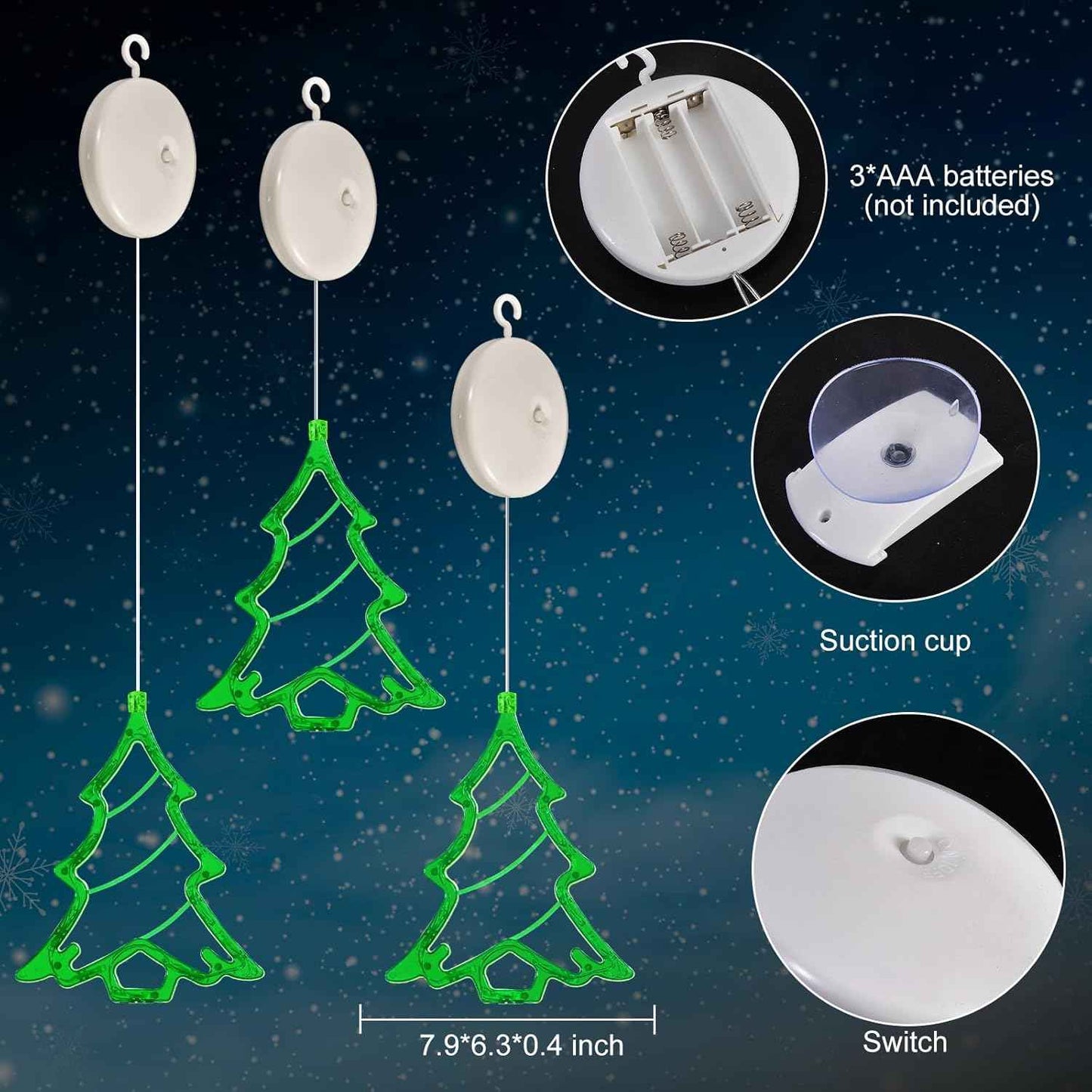 3Pcs Battery Powered LED Christmas Tree Shaped Window Lights - Green Sucker Lamps for Xmas Decor Indoors and Outdoors