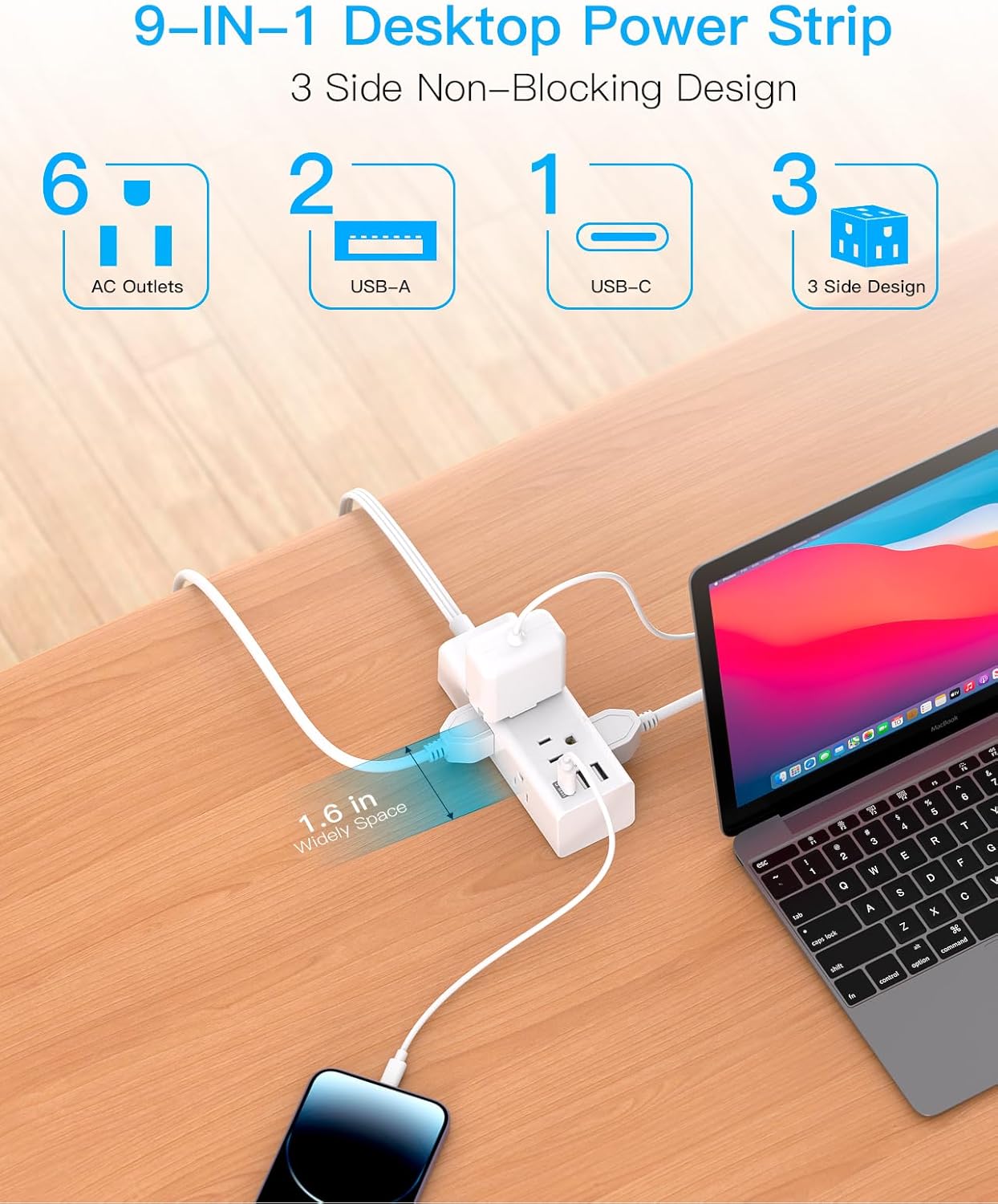 One Beat 10Ft Extension Cord Power Strip – 6 Outlets & 4 USB Ports (2 USB-C), Flat Plug Surge Protector for Home
