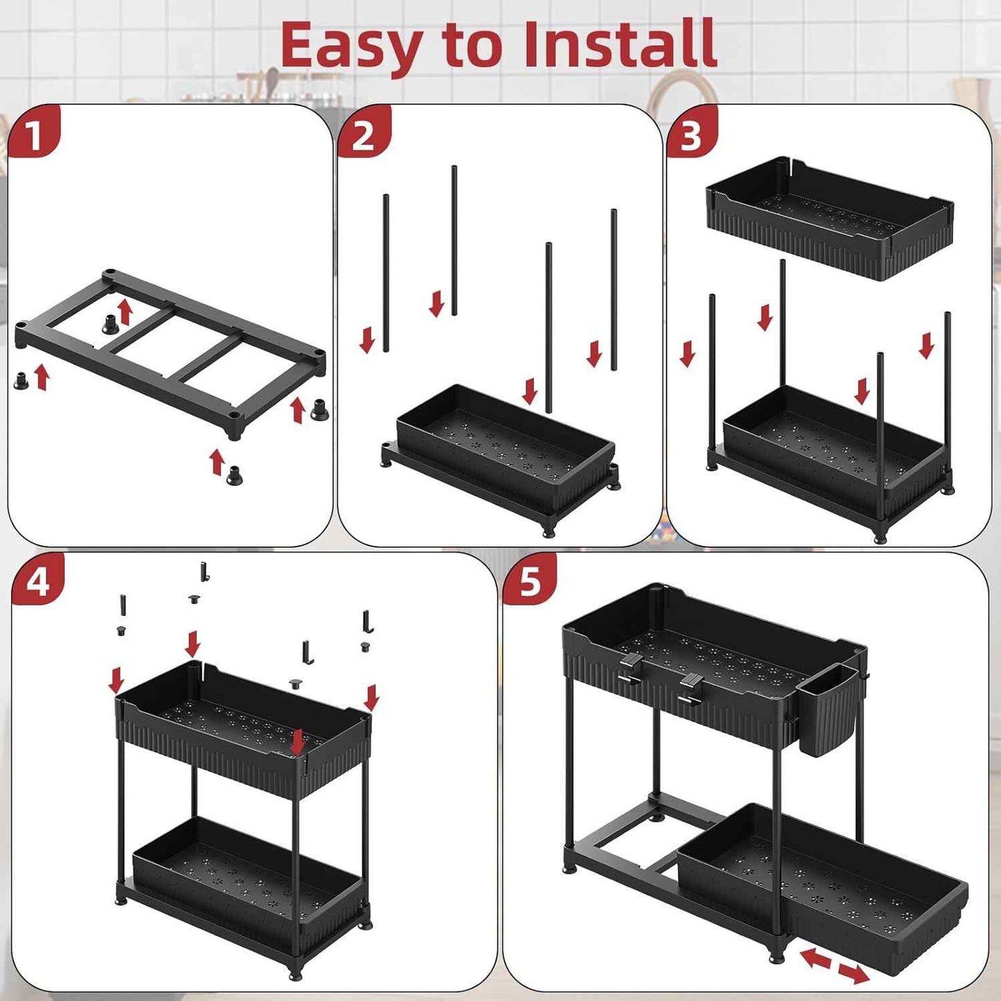 4 Pack Under Sink Organizer, Bathroom Organizers and Storage, 2 Tier Multi-Use Pull Out Cabinet Organizer with Hang Hooks and Cups (Black, 4 Pack)