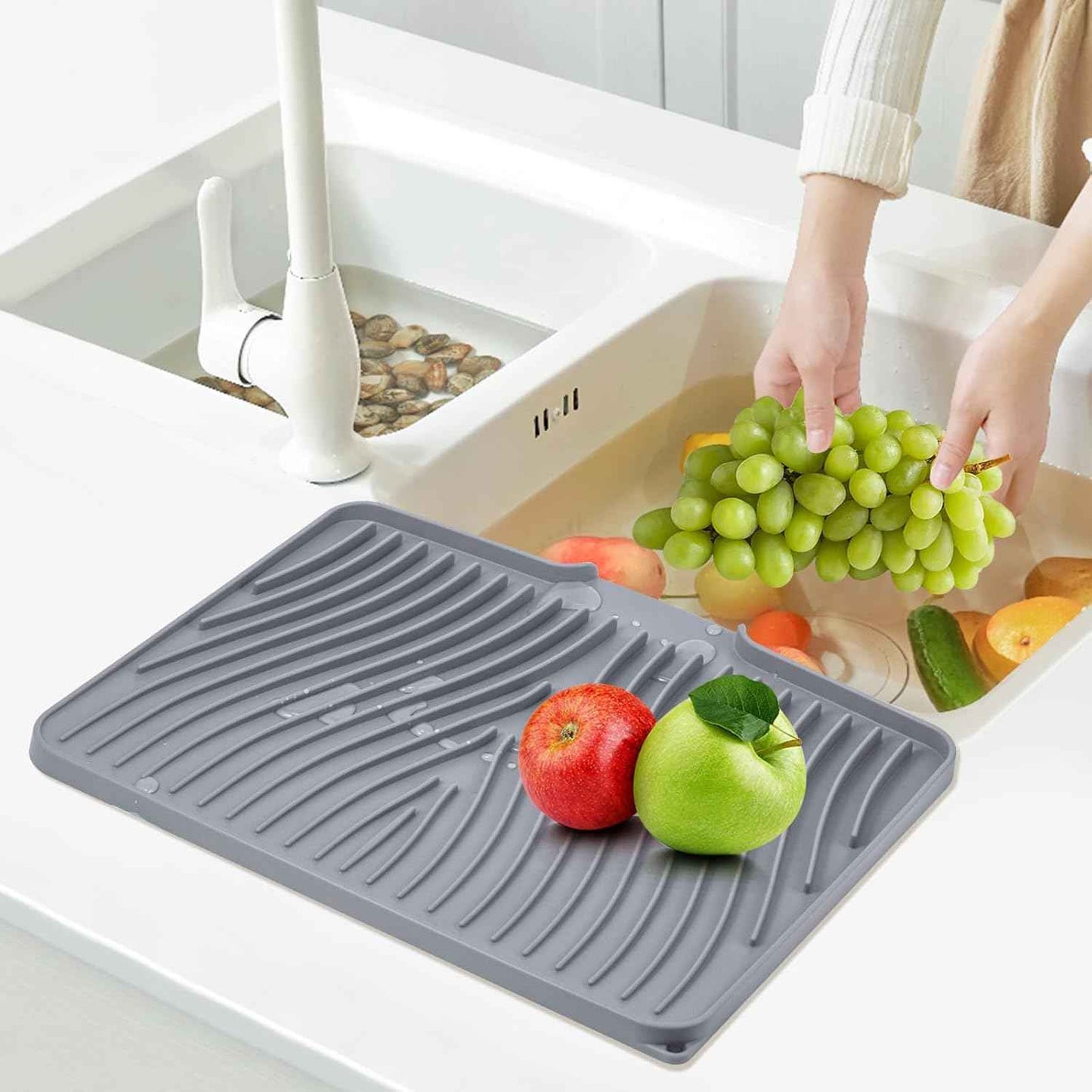 Silicone Dish Drying Mat for Kitchen Counter, Dish Drying Pad, Non-Slip Drain Pad with Built-in Drain, Heat Resistant Stone Drying Mat(15.8" x 13", Grey)