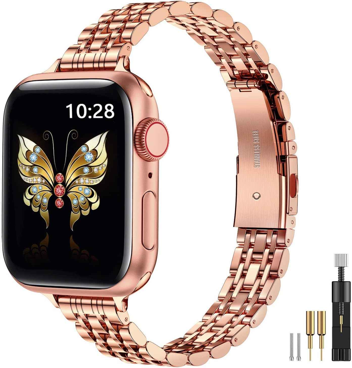 MioHHR Slim Metal Band Compatible with Apple Watch Band 42mm(Series 11 10) 41mm(Series 9 8 7) 40mm(Series 6 5 4 SE3/2/1) 38mm(Series 3 2 1),Stainless Steel iWatch Bands for Women,Silver/Gold