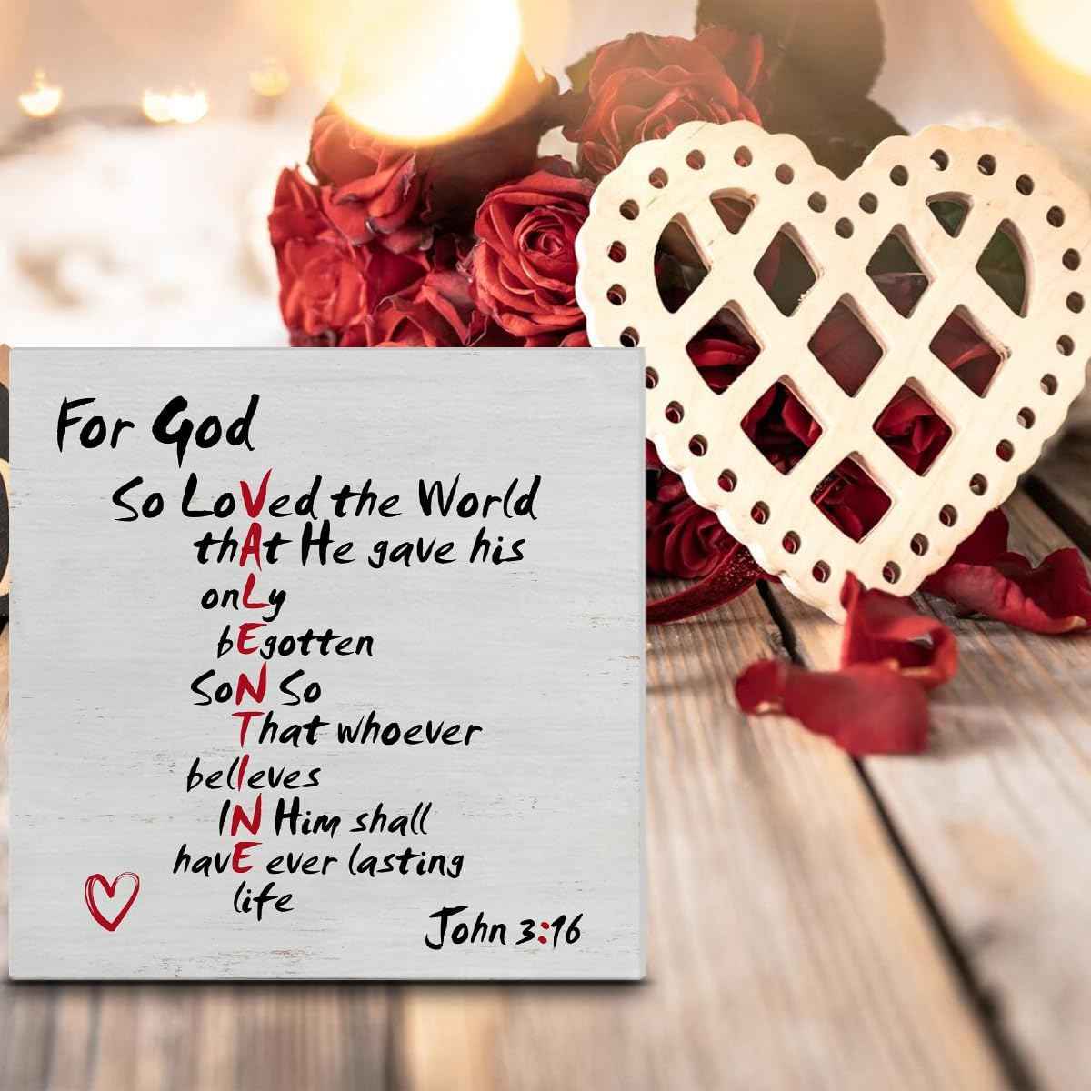 Christian Valentines Decor, Rustic John 3:16 Bible Verse Scriptures Wooden Sign Home Tabletop Shelf Desk Decoration Valentines Day Decor
