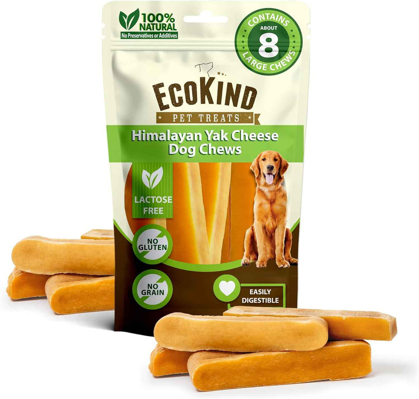 EcoKind Premium Gold Yak Cheese Himalayan Dog Chews, Dog Treats Large Breed, All Natural, High Protein, for Aggressive Chewers, Large - 4 Chews (1 lb)