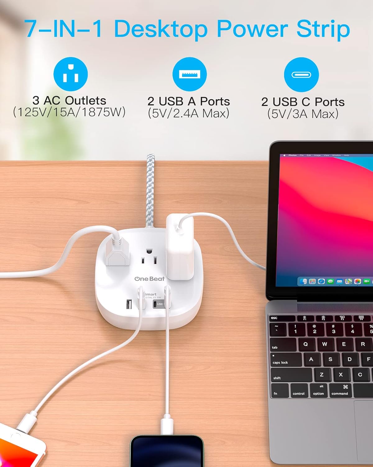 Flat Plug Power Strip – 5Ft Ultra Flat Extension Cord with 3 Outlets & 4 USB Ports (2 USB-C), 22.5W Desktop Charging Station for Cruise & Travel
