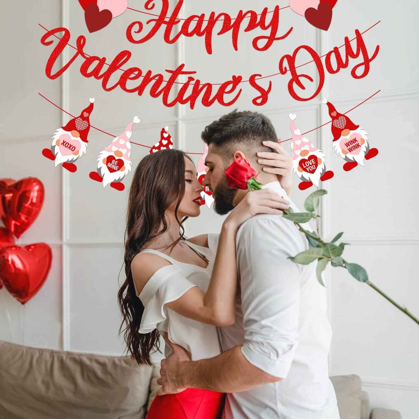Valentine's Day Garland Banner Including Glitter Happy Valentine's Day Banner, Valentines Gnomes Garland Banner, XOXO Heart Garland for Valentines Gnomes Wedding Engagement Anniversary Party
