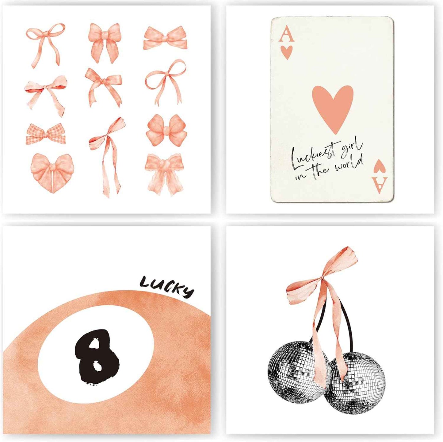 okaxscm Sage Green Coquette Trendy Preppy Wall Art Prints Set of 4, Coquette Preppy Room Decor Aesthetic, Green Bow Disco 8 Ball Cherry Wall Decor Posters for Girls Bedroom Dorm, 8x10 Unframed