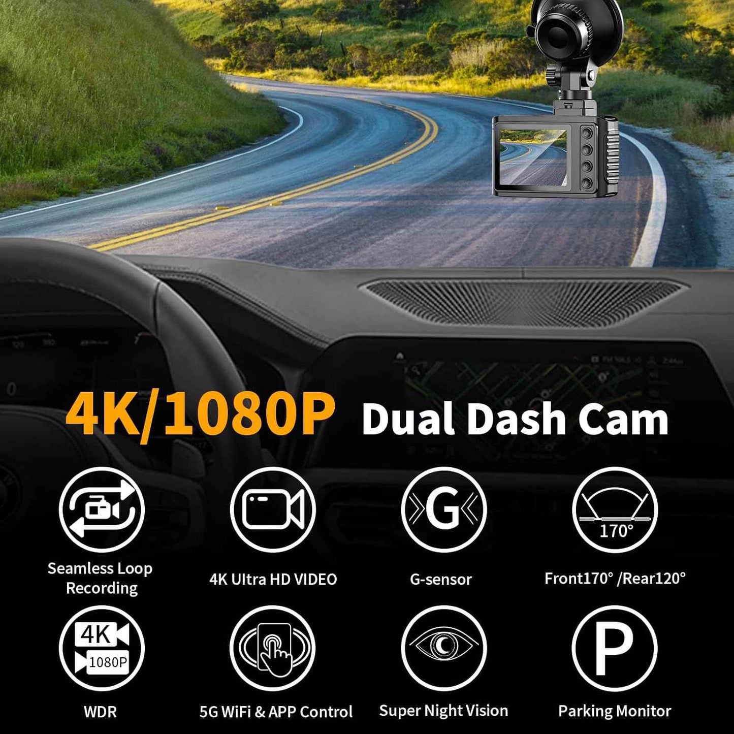 Dash Cam Front and Rear: 4K Dual Channel Dash Cam - 5GHz WiFi, Dash Camera for Cars with 64GB Card, 2" IPS, App Control, G-Sensor, Loop Recording, 170Β° Wide Angle, Night Vision, 24H Parking Mode