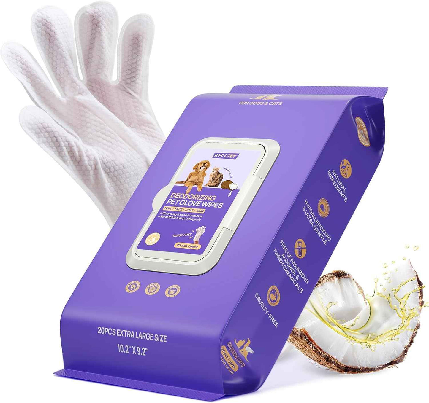 HICC PET Cleaning Deodorizing Glove Wipes for Dogs & Cats, Vet Recommended Hypoallergenic Pet Cleaning and Hydrating Glove Wipes, Nourish Fur Coconut Oil Pet Bathing Wipes for Horse Coat Care