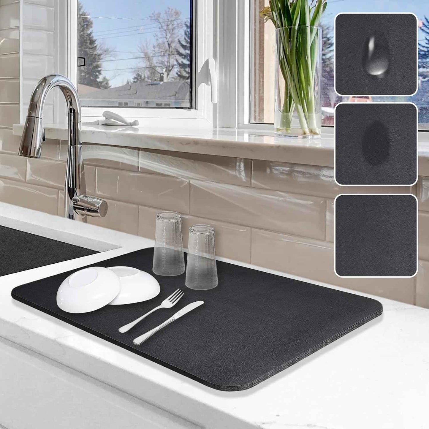 Dish Drying Mat for Kitchen Counter, 12"x19" Dish Drying Pad with Non-slip Rubber Backed, Hide Stain Anti Absorbent for Kitchen Counter, Drying Mat for Coffee Machine Dish Rack (Grey)