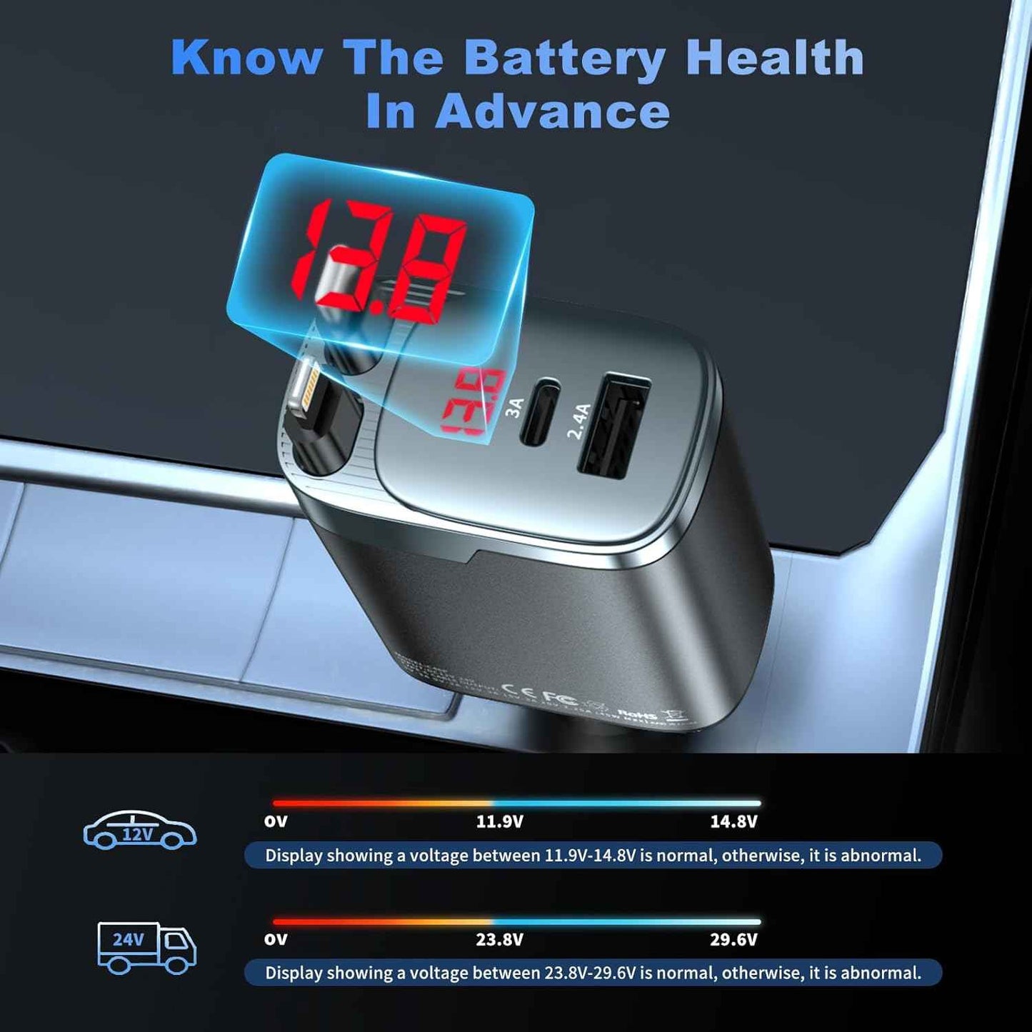 Retractable Car Charger, 84W Car Charger USB C 4 in 1, Car Accessories Fast Charging Car Charger Adapter for iPhone 17 16 15 14 13 12 Pro Max, Samsung, Pixel | Travel Essentials Gifts for Men Women