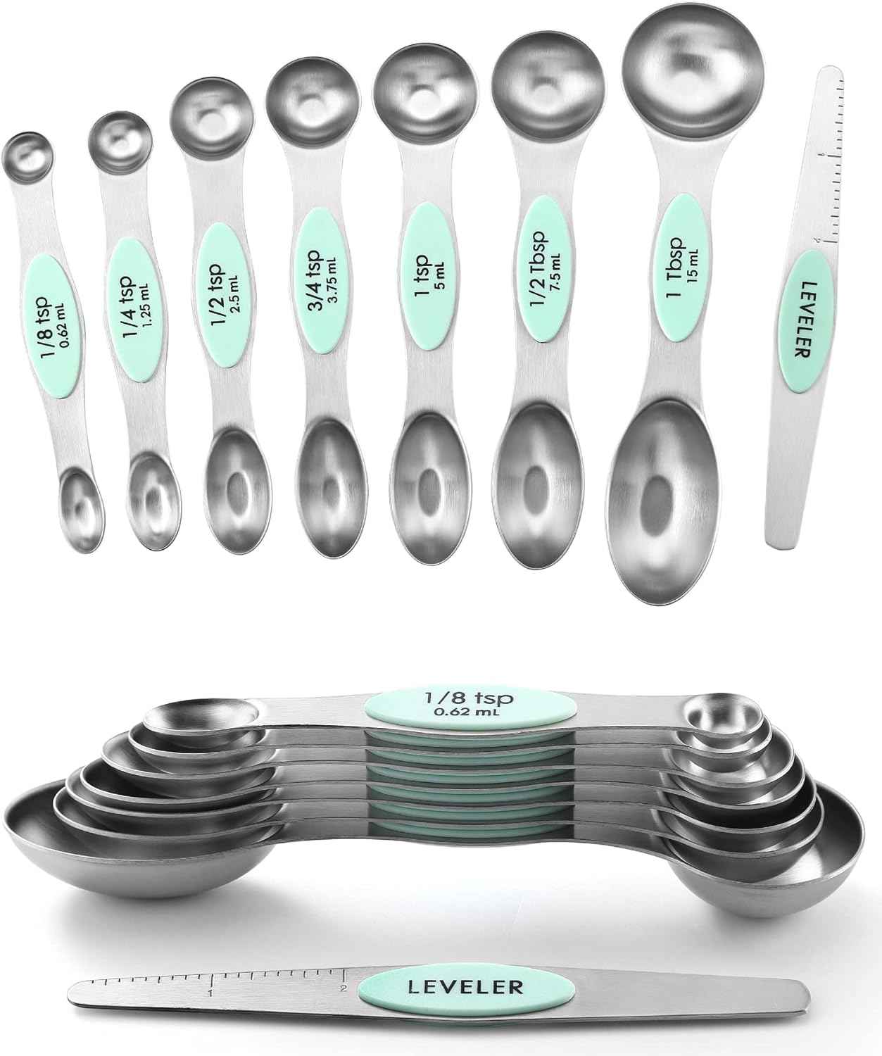 Spring Chef Stainless Steel Magnetic Measuring Spoons Set with Strong N45 Magnets, Heavy Duty Metal Kitchen Gadgets for Baking & Cooking, Fits in Most Kitchen Spice Jars, Set of 8 with Leveler, Black