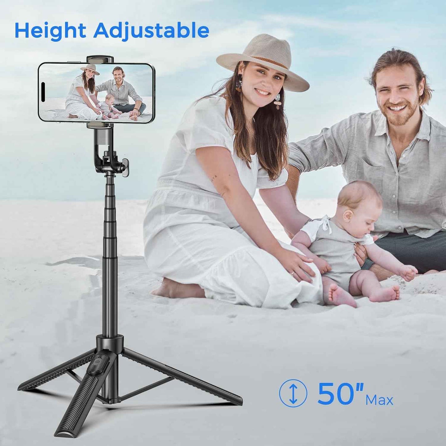Selfie Stick Travel Tripod for Cell Phone with Remote Control and Phone Holder, Extendable Selfie Stick for iPhone, iPhone Tripod for Video Recording, 50 Inch, Black