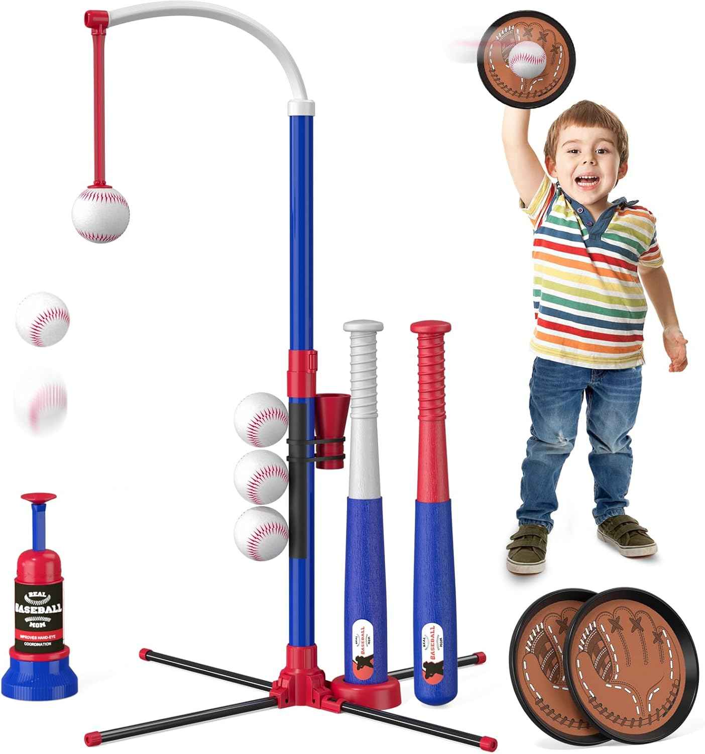 3-in-1 Baseball Set for Kids 3-5 - Tee Ball Stand, Hanging Tee, Ball Launcher and 6 Softballs - Adjustable Height, Indoor/Outdoor Sport Gifts for Boys Girls, Blue