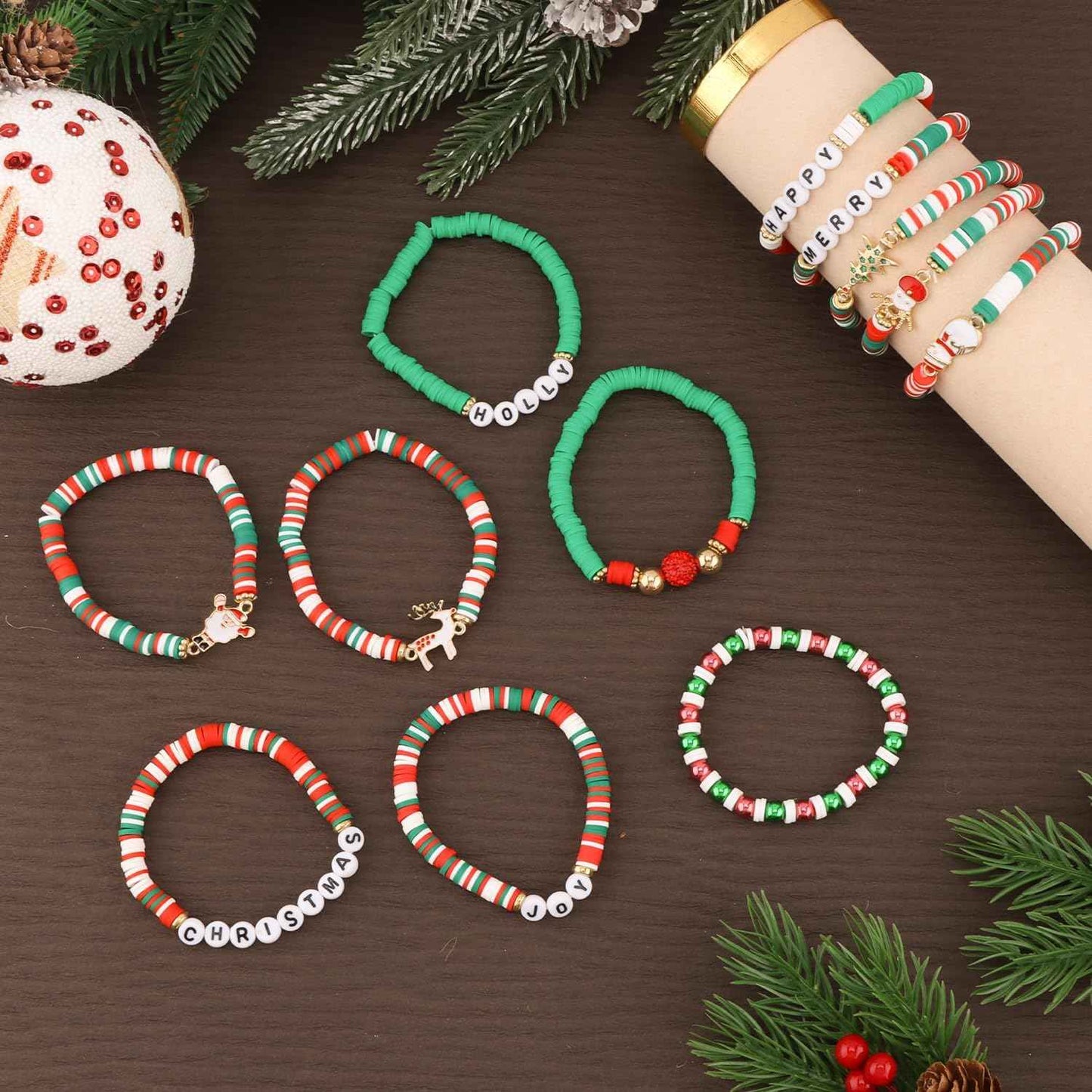 CUBACO 12 Pack Christmas Bracelets Jewelry for Women Handmade Candy Beaded Bracelets Letter Stretch Bracelet Bulk White Red Green Friendship Christmas Decorations Holiday Stocking Stuffers Gifts