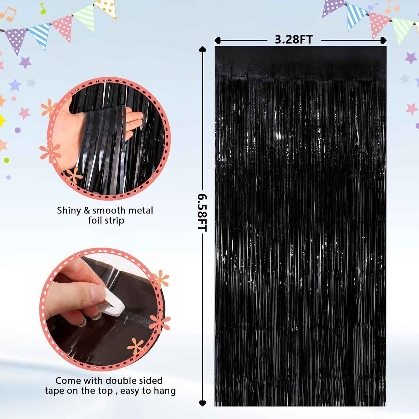 GCB 2Pack Black Metallic Tinsel Foil Fringe Curtains, Black Foil Curtain Backdrop, Photo Booth Props for Birthday Wedding Baby Shower Bachelorette Xmas Celebration Party Decorations Door Streamers