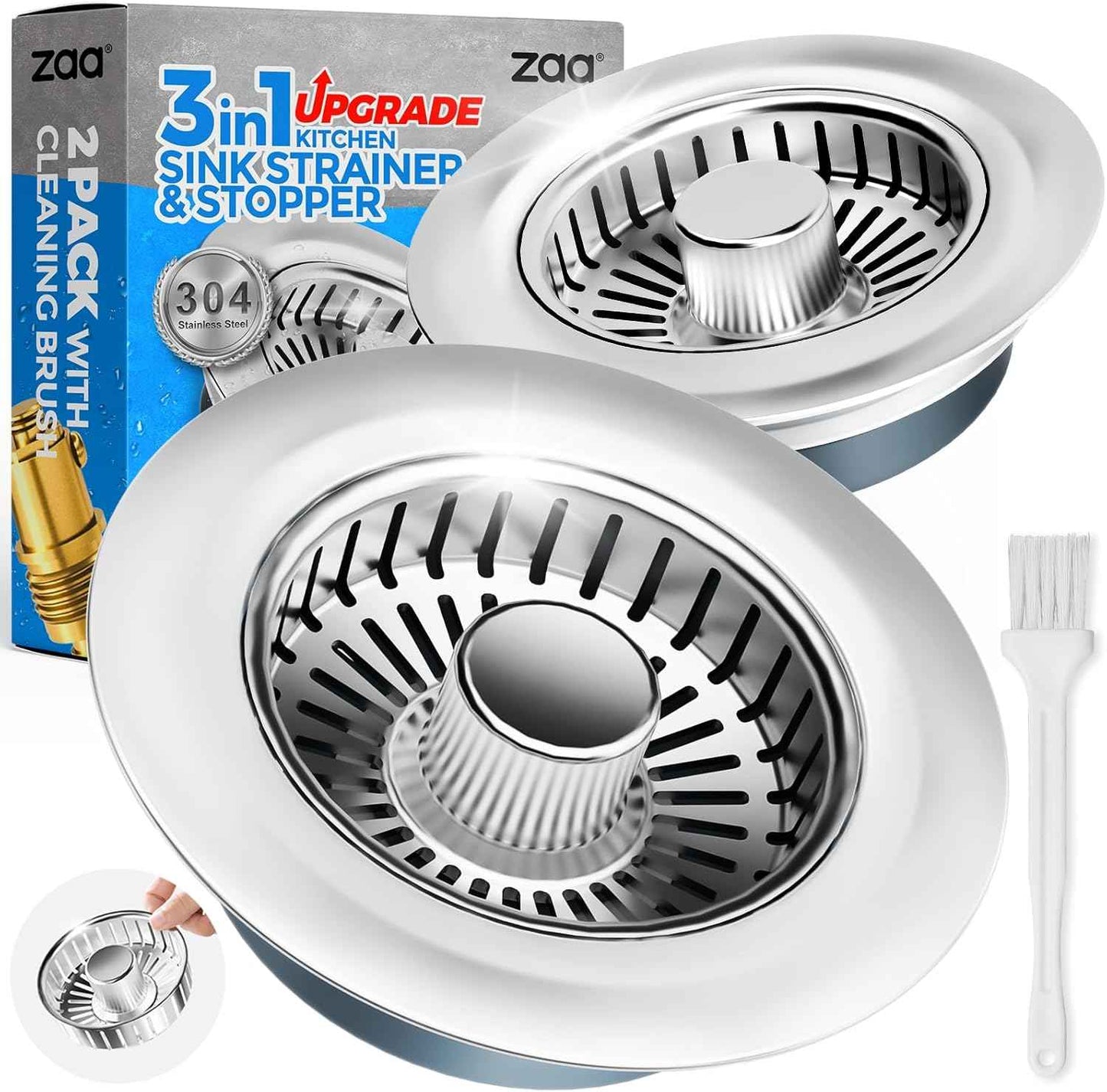 Upgraded 3in1 Kitchen Sink Drain Strainer & Sink Stopper, Stainless Steel Kitchen Drain Plug & Sink Installation Parts with Anti-Clogging Basket, Fit US Standard 3-1/2'' Sink Drain Hole, Silver