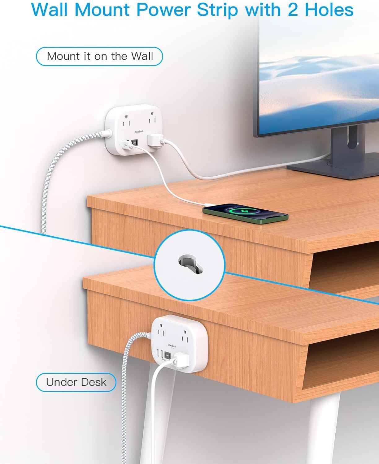 Cruise Essentials 2025,One Beat Travel Power Strip with USB C,Flat Plug Extension Cord with 3 Outlets 4 USB Ports(2 USB C),5 ft Desk Wall Outlet Extender,Non Surge Protector for Cruise,Dorm Room,ETL