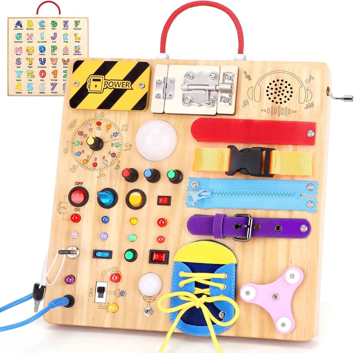 Hoarosall Montessori Wooden Busy Board with 8 LED Light switches, Sensory Toys Light Switch Travel Toys for 1+ Year Old Baby and Toddler