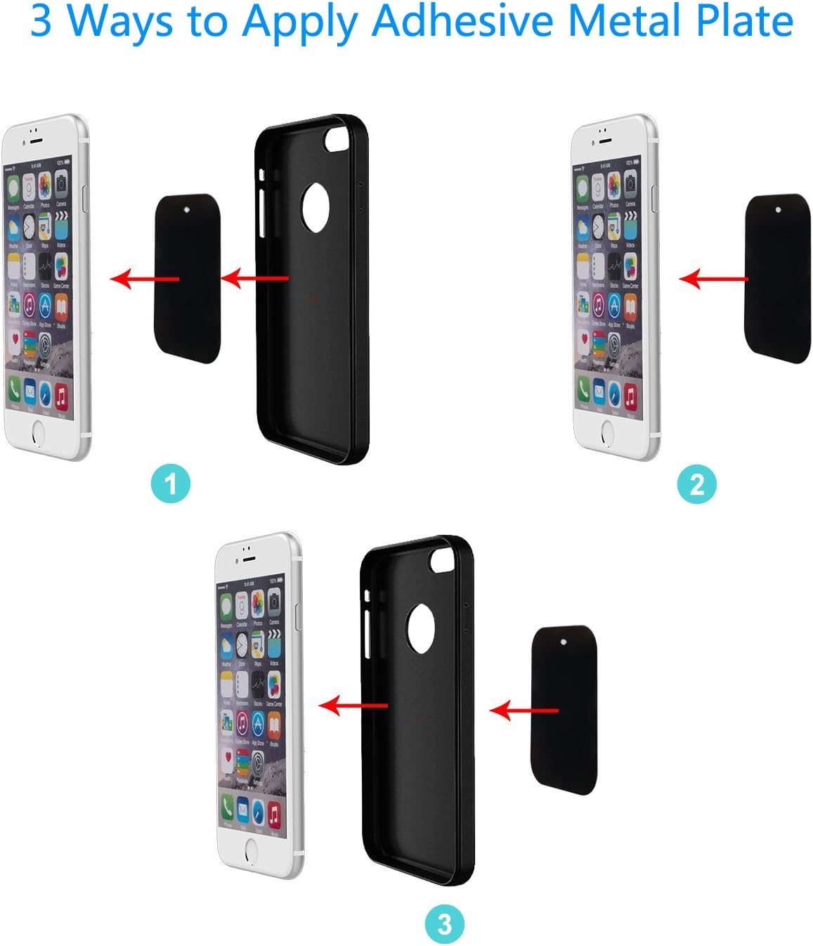 Universal Metal Plate 8 Pack for Magnetic Phone Car Mount Holder Cradle with Adhesive (Compatible with Magnetic Mounts) - 4 Rectangle and 4 Round, Black