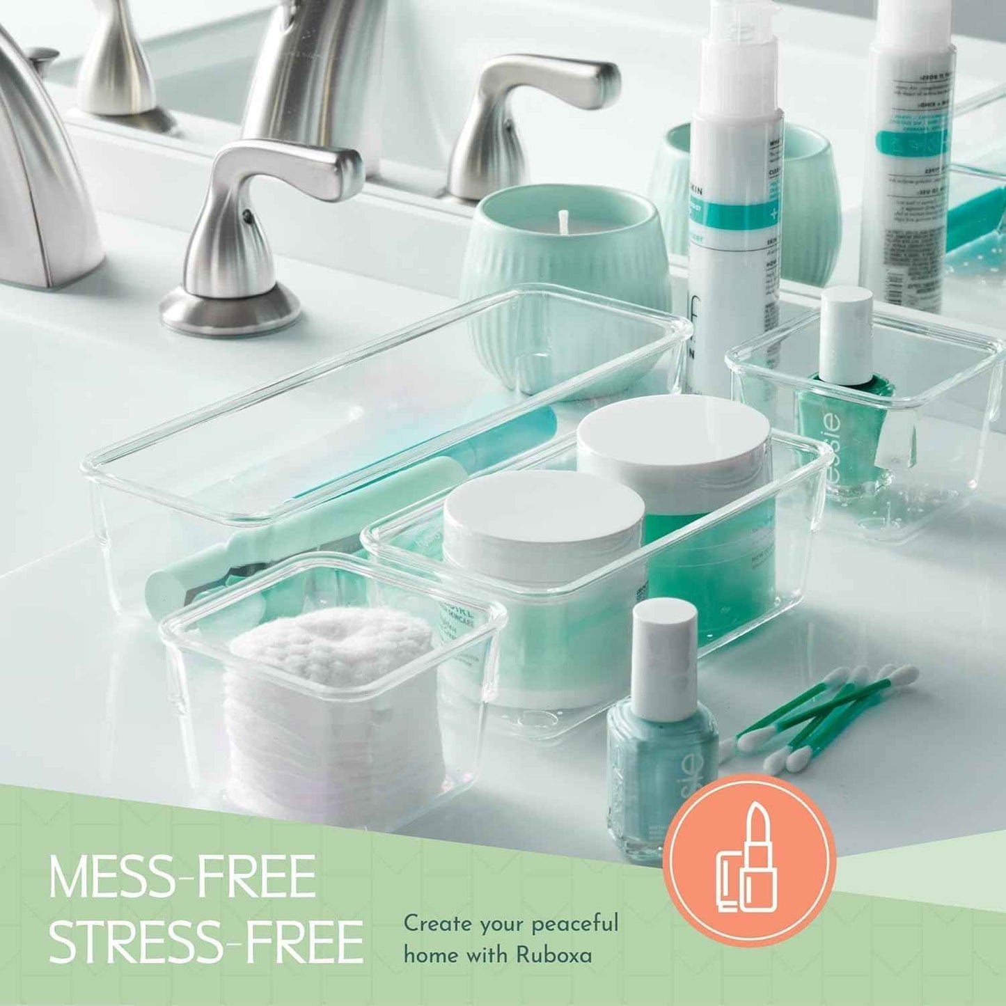 25PCS Clear Plastic Organizer Set, 4 Sizes, Non-Slip Pads for Makeup, Jewelry, Vanity, Kitchen, Office, Desk, Bathroom Drawers