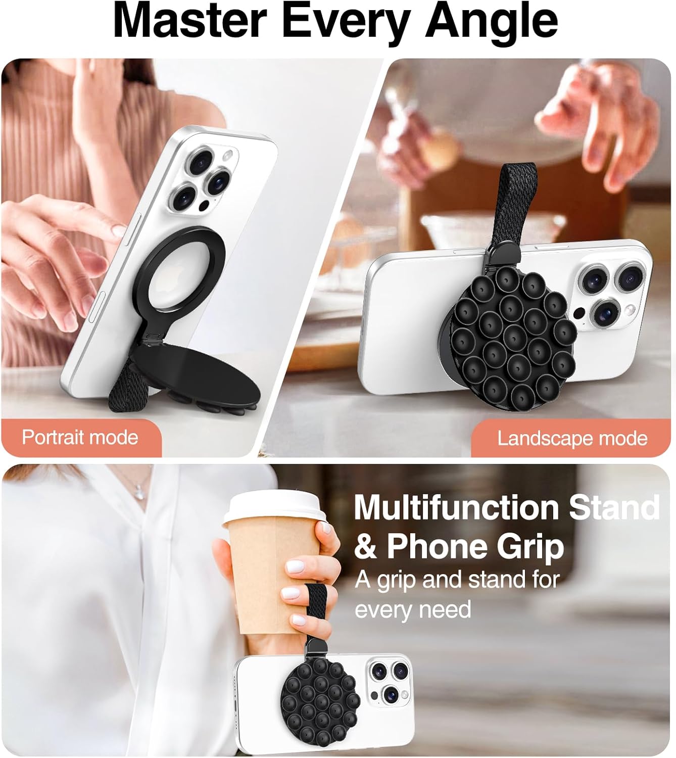 MagSuction Grip Magnetic Phone Grip Holder for MagSafe, Silicone Suction Phone Mount, Adjustable Kickstand with Finger Loop, Compatible with iPhone 16/15/14/13/12 Series (Black)
