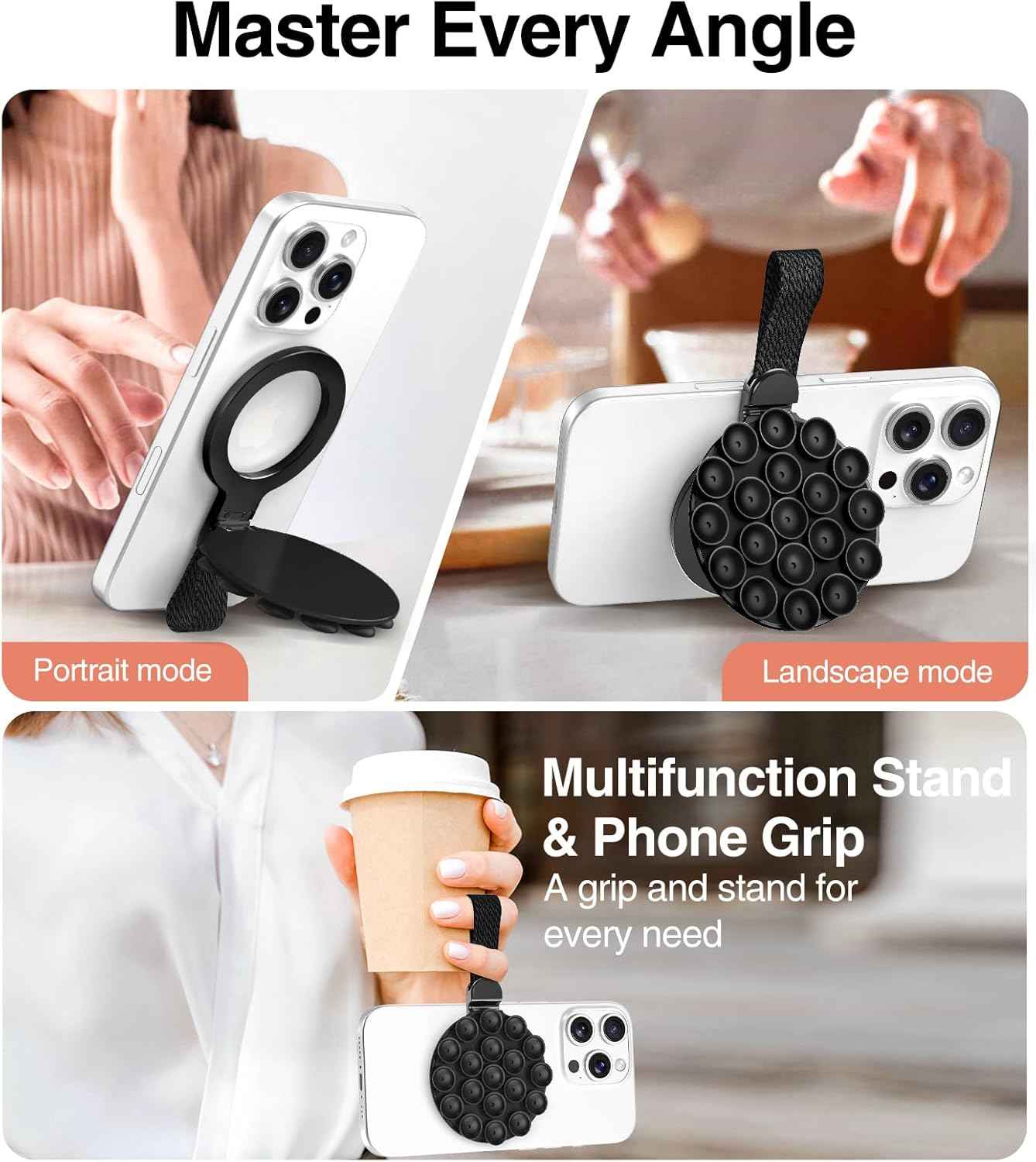 MagSuction Grip Magnetic Phone Grip Holder for MagSafe, Silicone Suction Phone Mount, Adjustable Kickstand with Finger Loop, Compatible with iPhone 16/15/14/13/12 Series (Black)