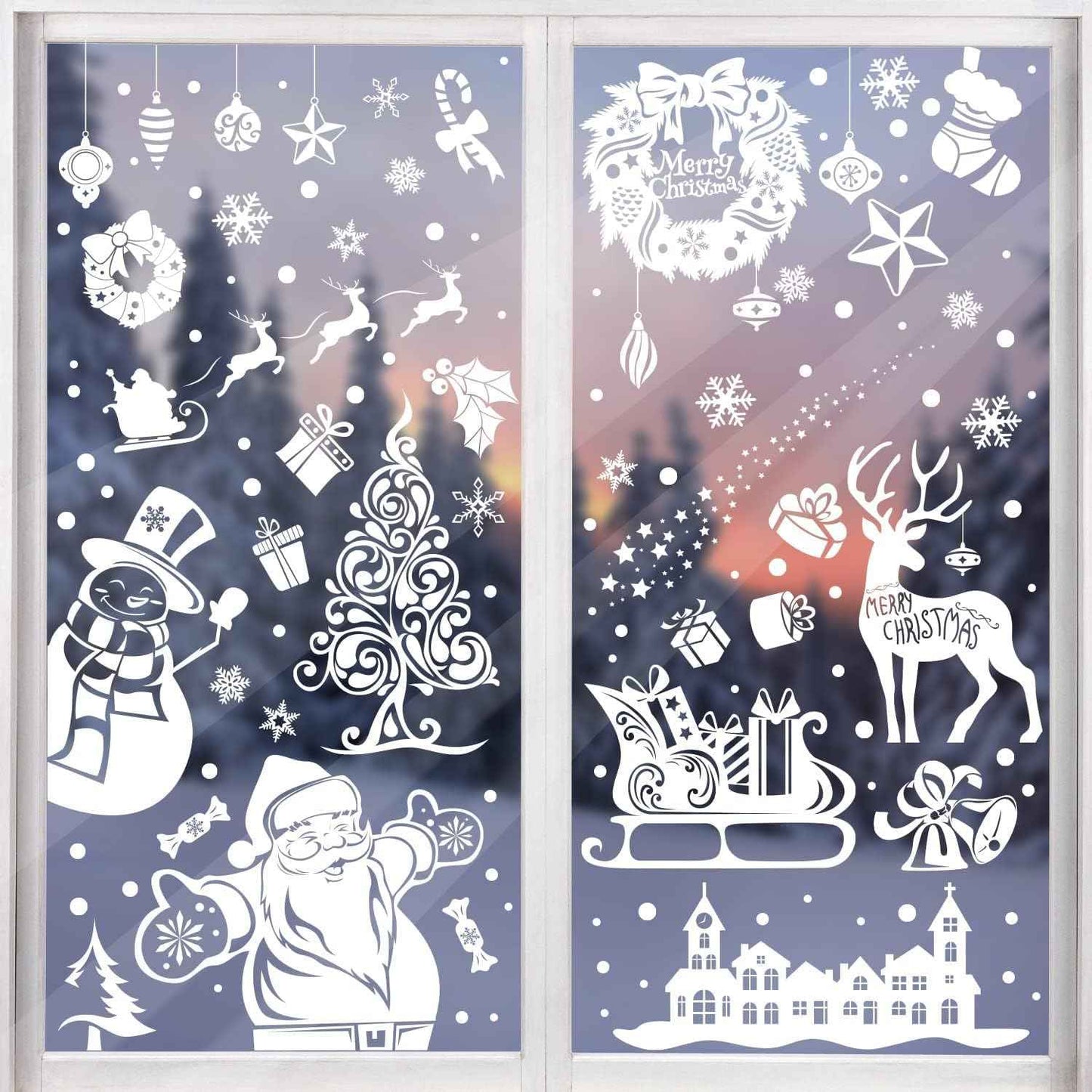 300 PCS 8 Sheet Christmas Snowflake Window Cling Stickers for Glass, Xmas Decals Decorations Holiday Snowflake Santa Claus Reindeer Decals for Party