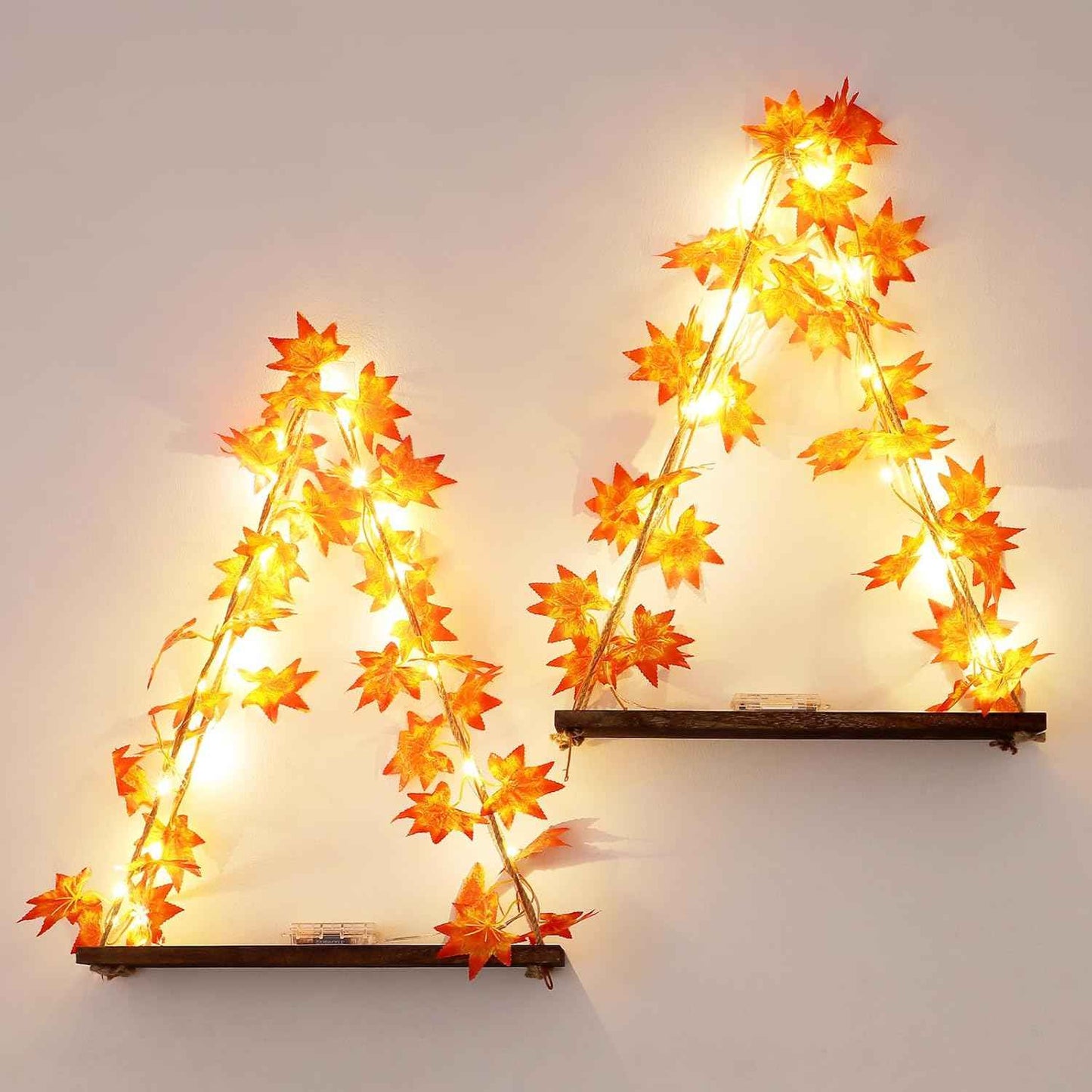 Floating Shelves for Wall, Hanging Shelves with Artificial Ivy LED String Light, No Drilling Hanging Shelf, Wood Hanging Plant Shelves for Wall DΓ©cor, Boho Decor, Art Bedroom, Set of 2