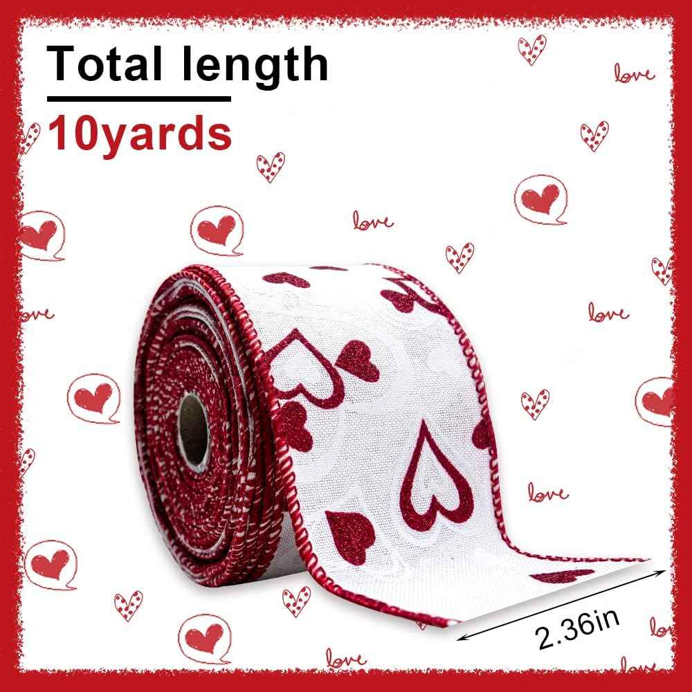 Valentines Fabric Ribbons, White Love Heart Edge Wired Burlap Ribbon for Valentine's Day Hanging Wrapping Party Gift Decoration Indoor Outdoor Tree Crafts Supplies (2.5 Inch * 10 Yards * 1 Roll)