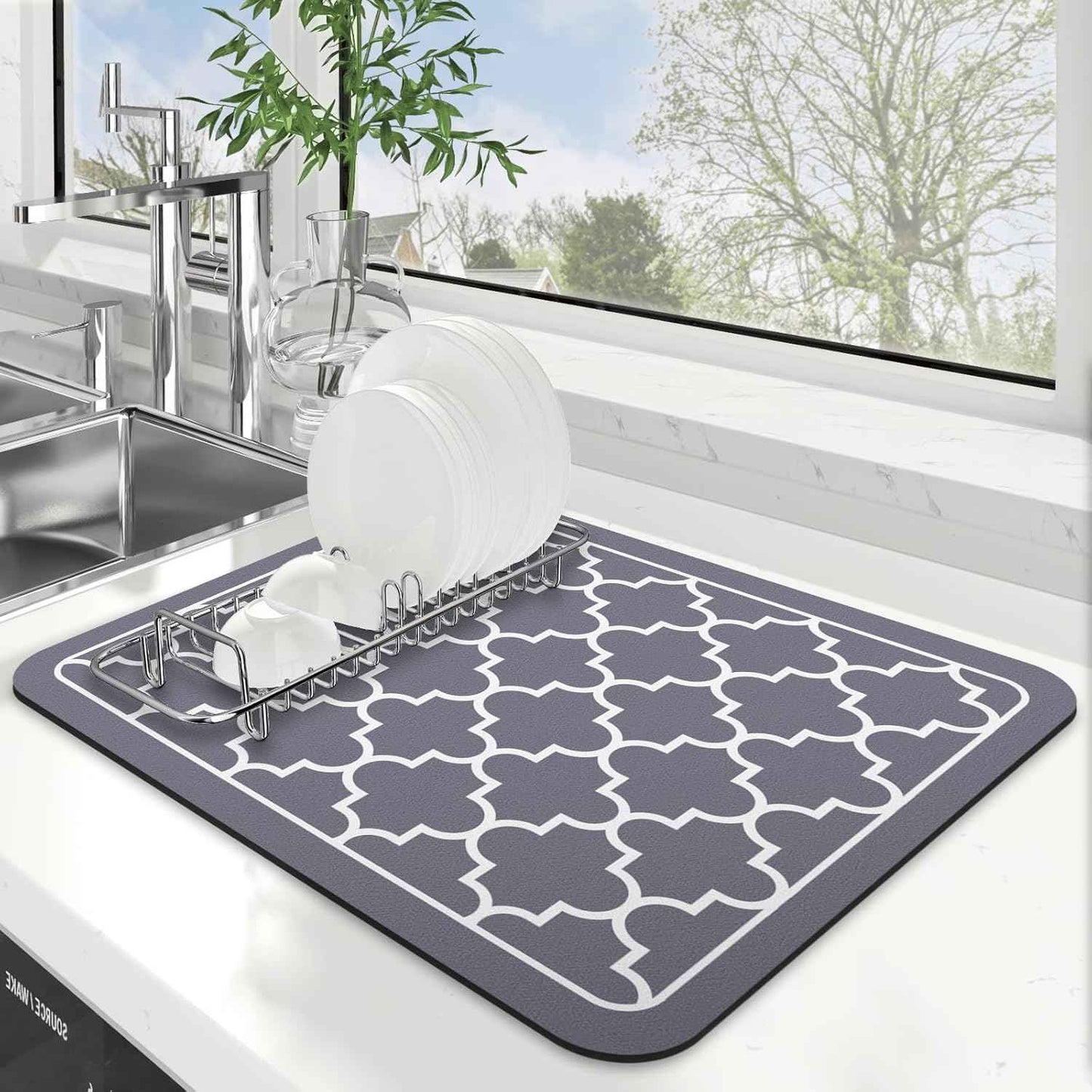 WISELIFE Dish Drying Mat Super Absorbent Drying Mat Large Dish Drying Mats for Kitchen Counter Easy Clean Dish Mat Kitchen Drying Mat15"x 18" Stylish Grey