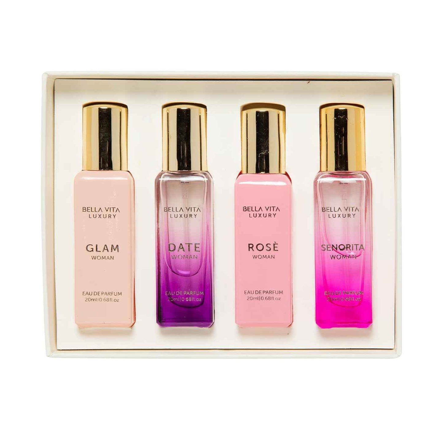 BellaVita Luxury Women's Perfume Gift Set | 4x20ml | Notes of Floral, Sweet, Spicey Red Fruit, Vanilla & Musk | DATE, SENORITA, GLAM & ROSE | French Parfum Collection Gift Set