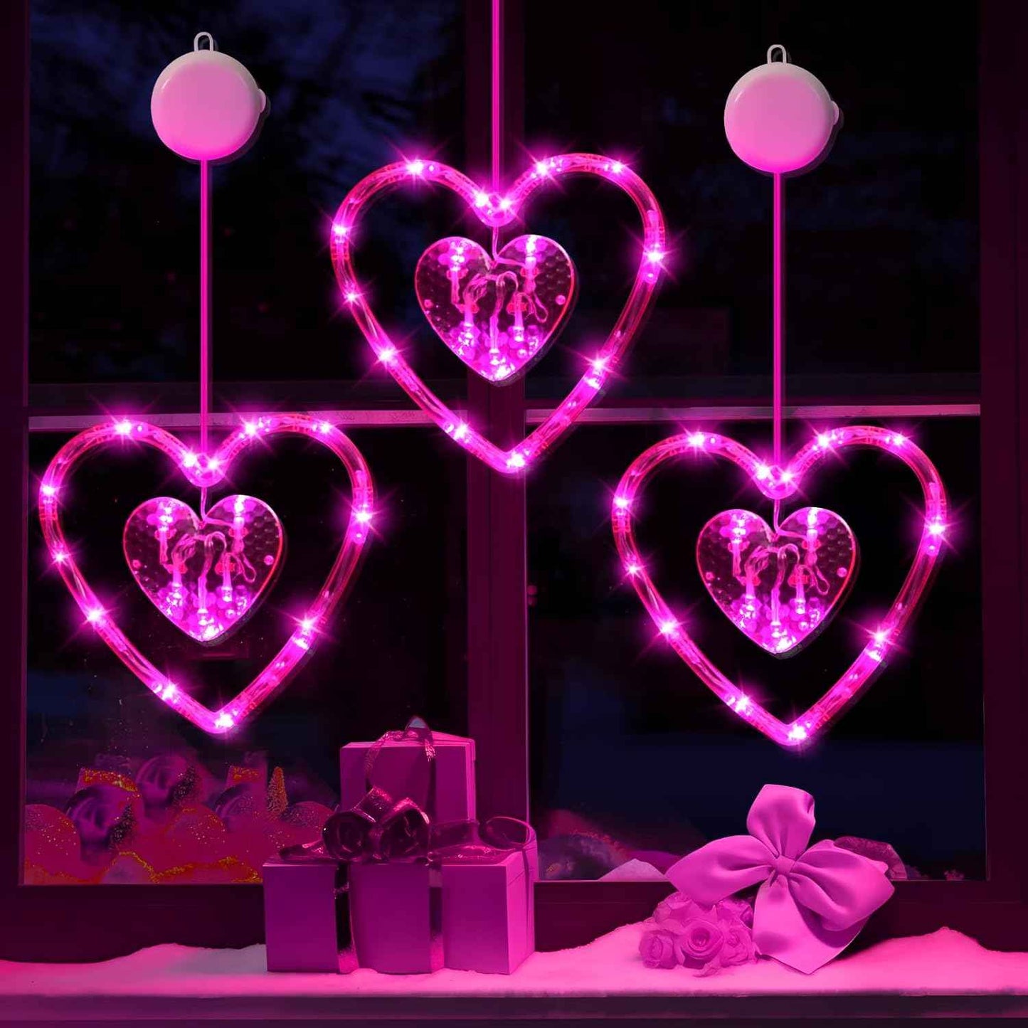 3 Pack Valentines Day Window Lights Decorations with Timer, Battery Powered Hanging Red Lighted Heart Shaped Silhouette Sucker LED Lamp for Fireplace Indoor Home Decor