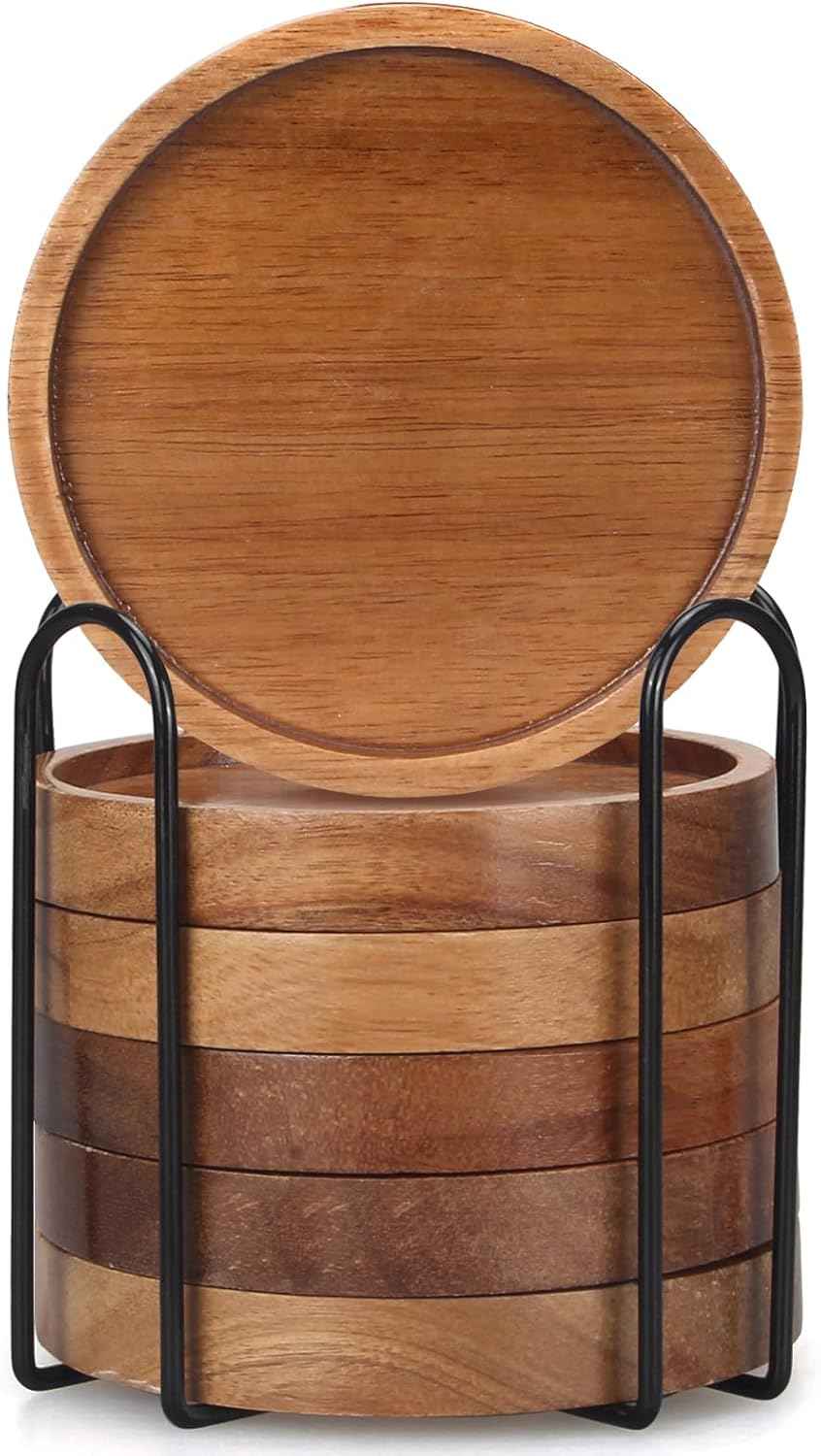 6 Pcs Best Wooden Coasters with Holder Coffee Table Decor Acacia Wood Coaster Set Modern Cup Coaster for Drink Home Dining Table Kitchen Accessories Cute Beer Bar Decorative Rustic Outdoor Coasters