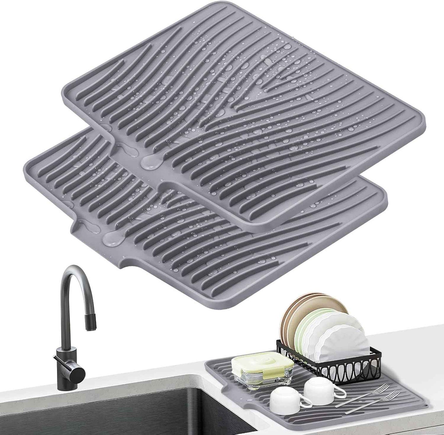 Silicone Dish Drying Mat for Kitchen Counter, Dish Drying Pad, Non-Slip Drain Pad with Built-in Drain, Heat Resistant Stone Drying Mat(15.8" x 13", Grey)