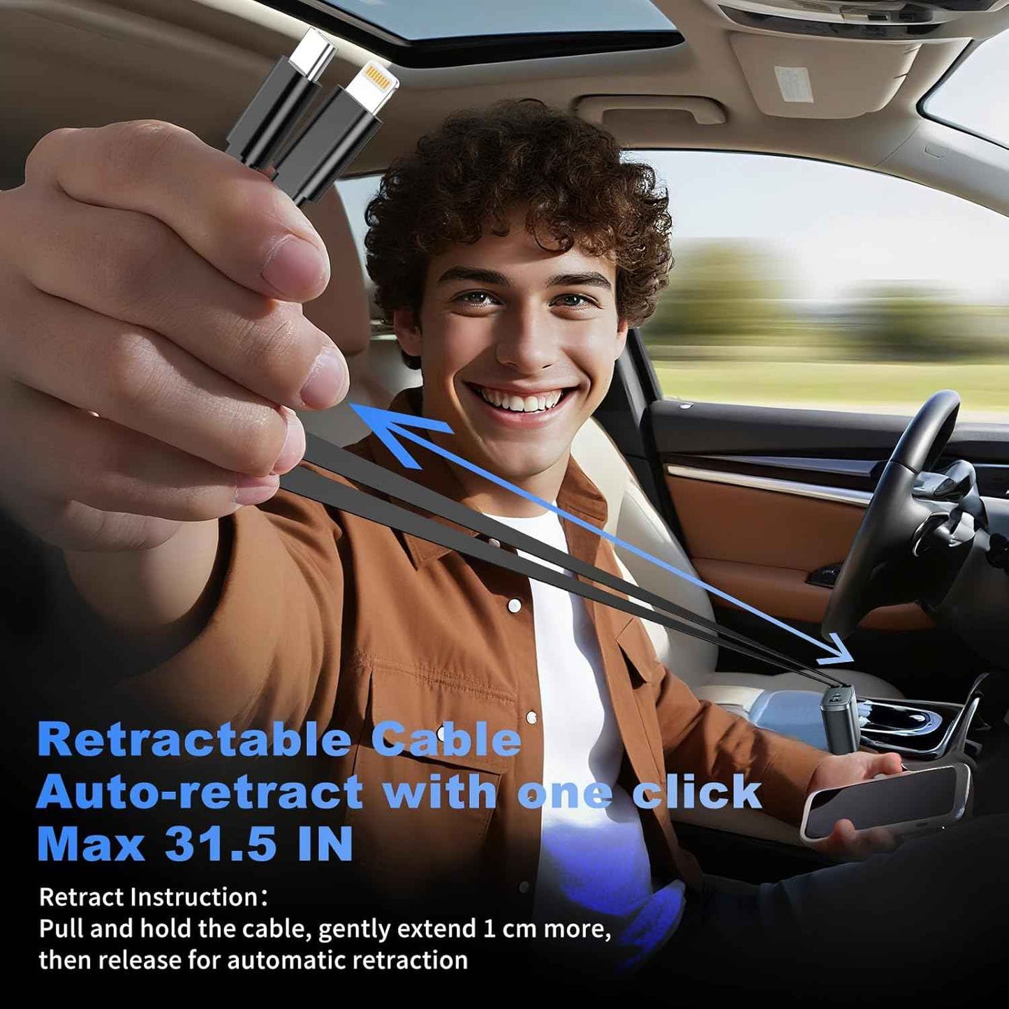 Retractable Car Charger, 84W Car Charger USB C 4 in 1, Car Accessories Fast Charging Car Charger Adapter for iPhone 17 16 15 14 13 12 Pro Max, Samsung, Pixel | Travel Essentials Gifts for Men Women