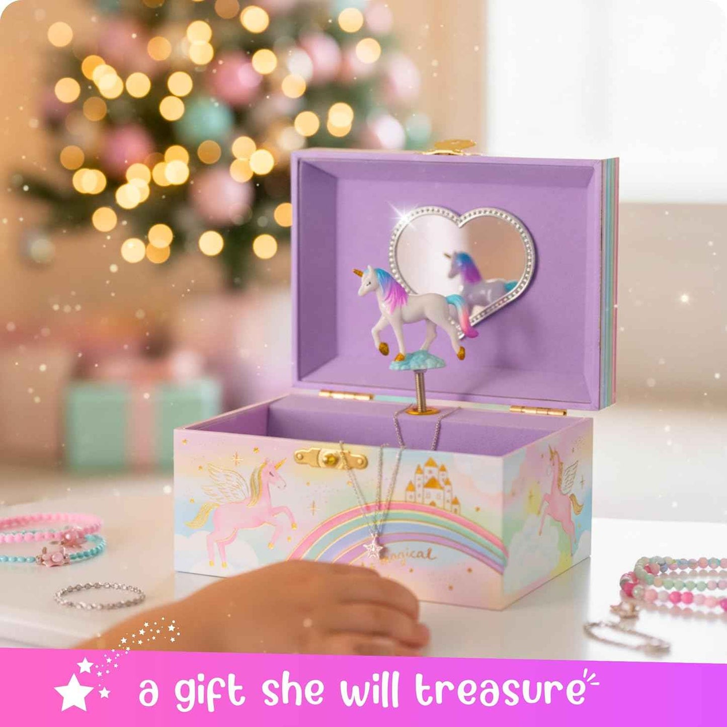 Giggle & Honey Musical Jewelry Box for Girls - Kids Jewelry Box, Unicorn Toys for Girls 4-6, Unicorn Gifts, 6 x 4.7 x 3.5 in
