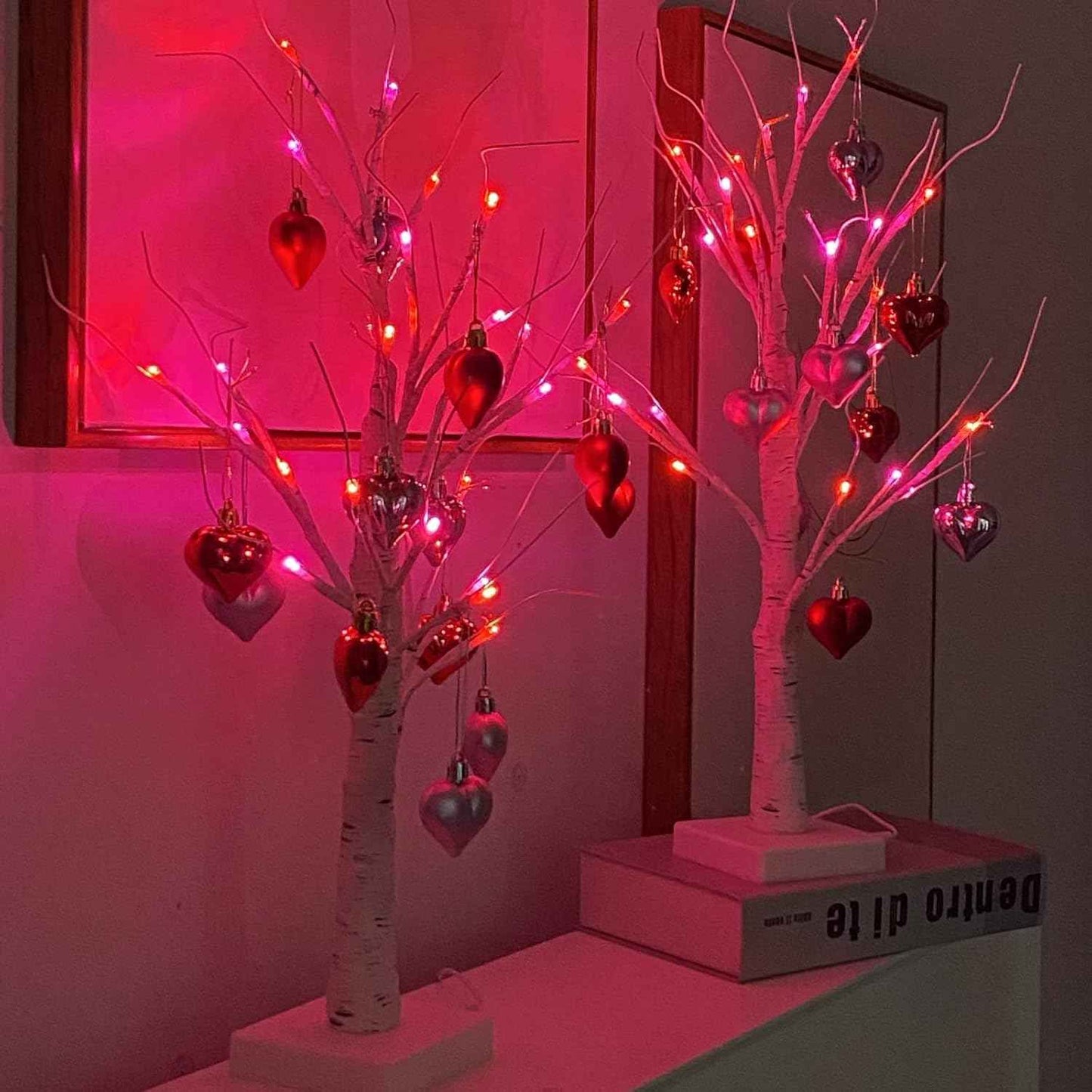 2Pack Valentines Day Decor Lighted Birch Tree with Heart-Shaped Ornaments,USB&Battery Operated Light Up Artificial Tree for Home Indoor Party Valentines Day Decorations (Red + Pink)