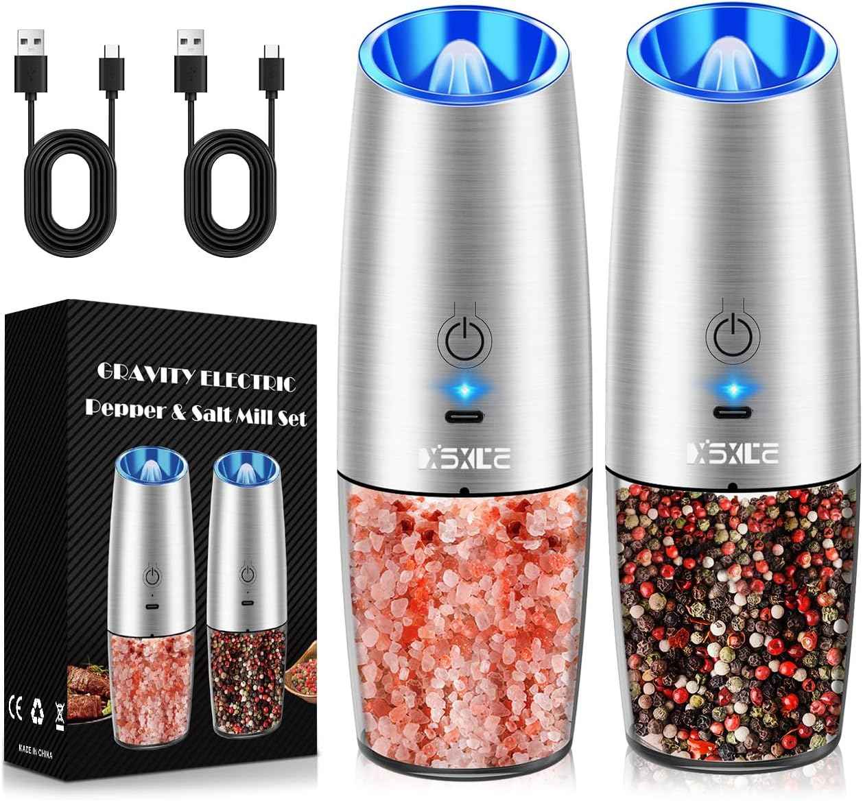 XinXu Gravity Electric Pepper and Salt Grinder Set, Adjustable Coarseness, Battery Powered with LED Light, One Hand Automatic Operation, Black -2 Pack