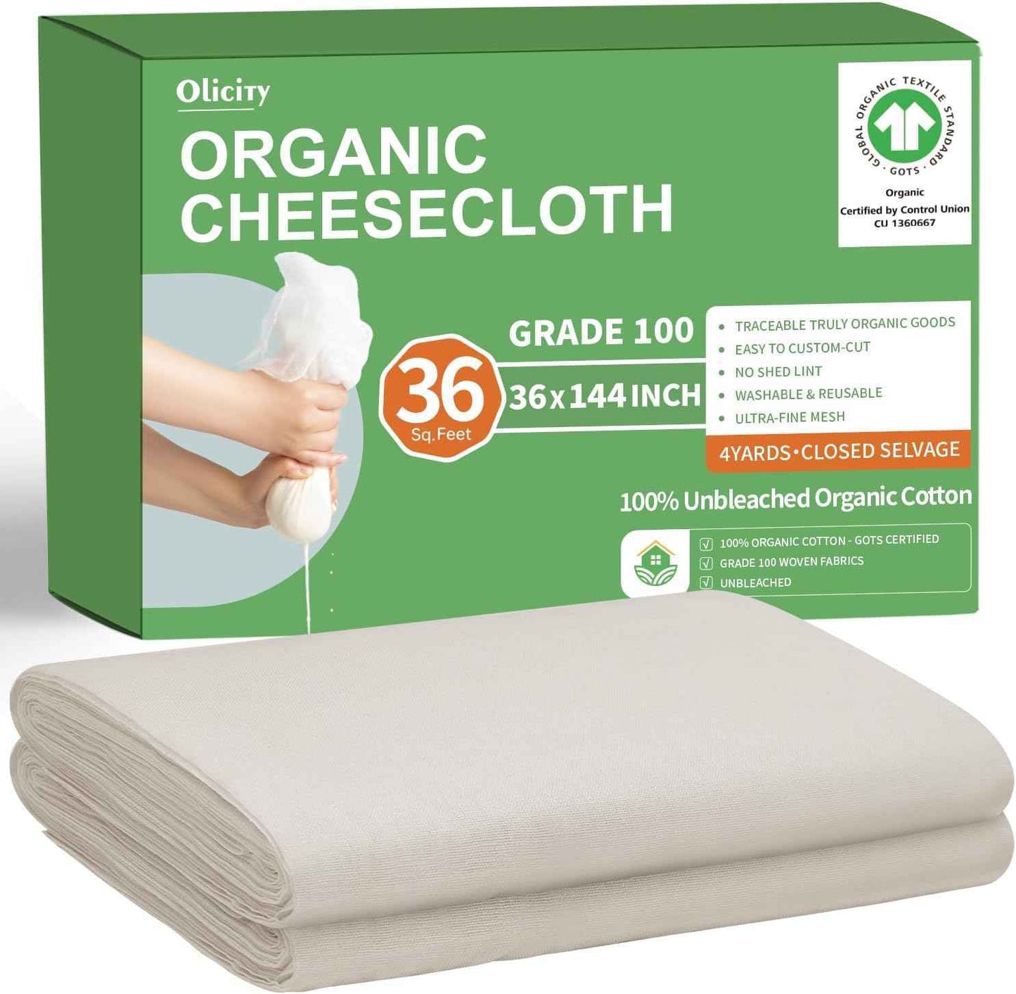 Organic Cheese Cloths, GOTS Certified, Grade 100, 36x36Inch, Reusable Cheese Cloth with Closed Edges Fabric Fine Mesh Cloth, Unbleached Cotton Muslin Cheesecloth for Straining,Cooking,Crafts - 9 Sq.Ft