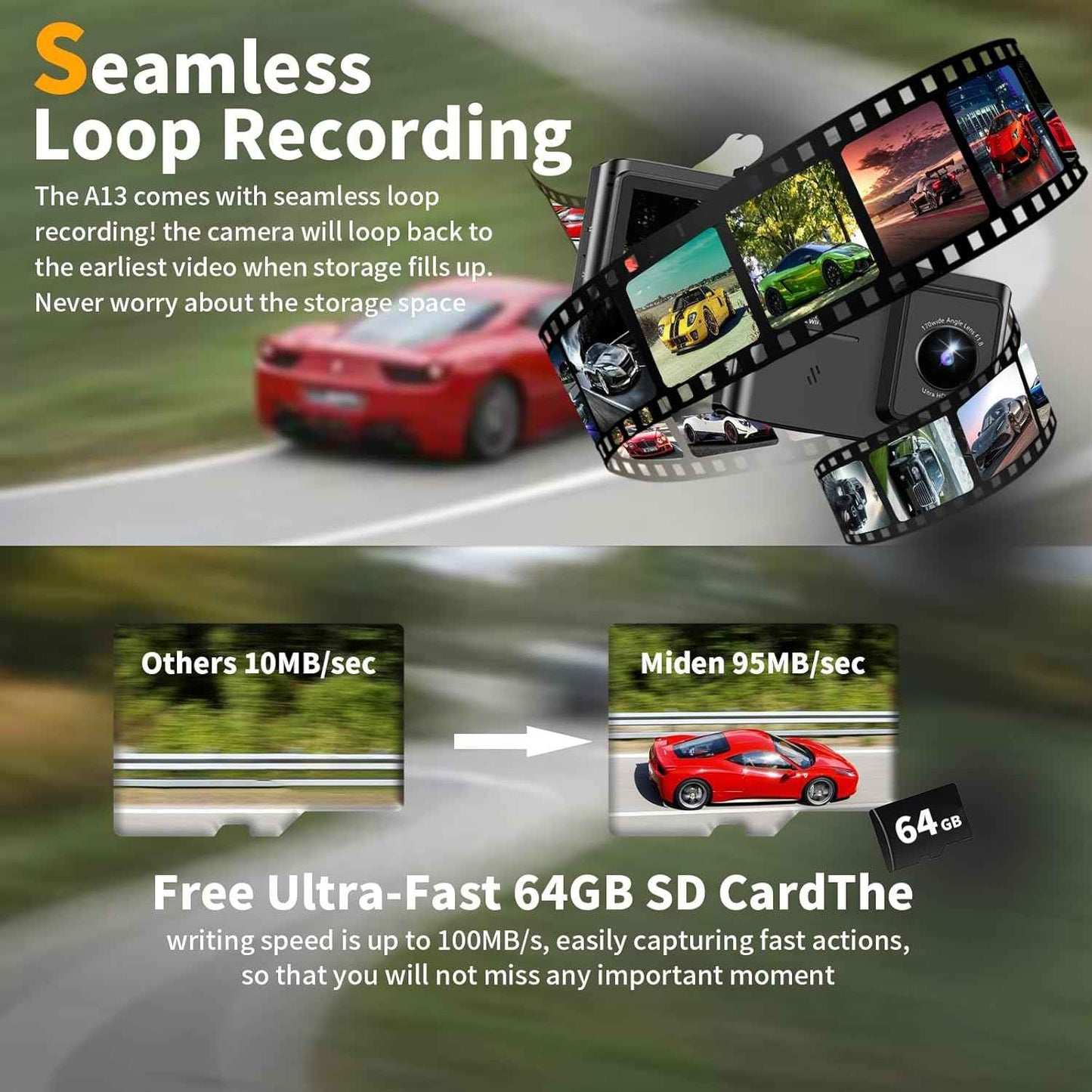 Dash Cam Front and Rear: 4K Dual Channel Dash Cam - 5GHz WiFi, Dash Camera for Cars with 64GB Card, 2" IPS, App Control, G-Sensor, Loop Recording, 170Β° Wide Angle, Night Vision, 24H Parking Mode