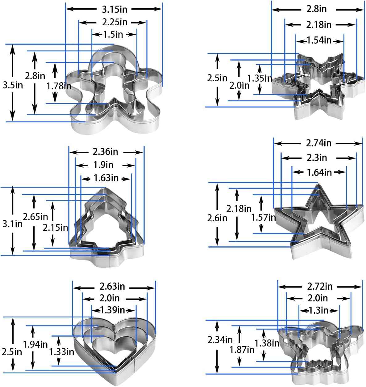 Christmas Cookie Cutter Set - 18 Piece Gingerbread Man, Snowflake, Tree, Heart, Star, Angel Shapes for Holiday Winter Baking