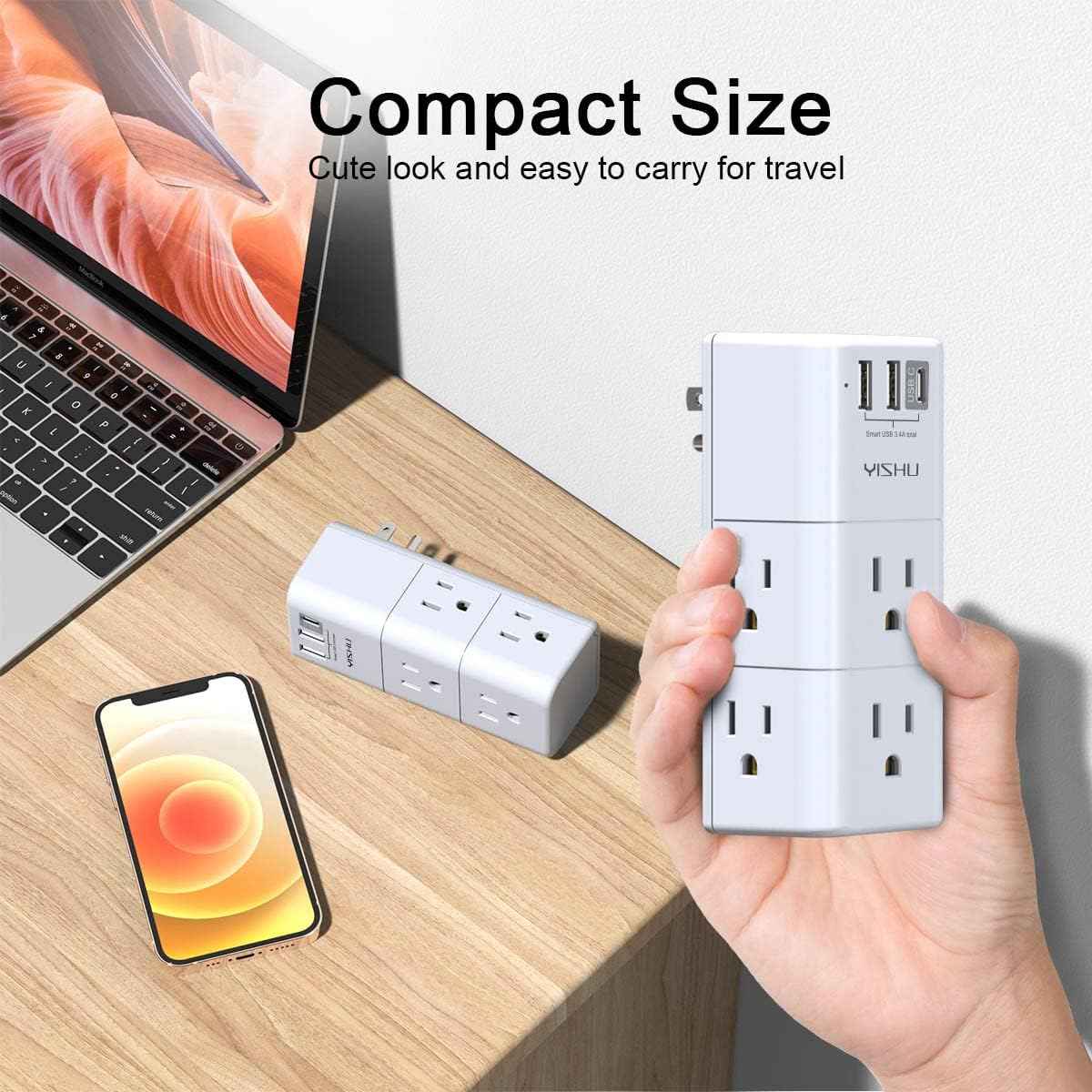 USB Multi Plug Outlet Extender - YISHU Surge Protector with Rotating Plug, 6 AC Plug Extender with 3 USB Ports, 3-Sided Swivel Power Strip Best Ideal Stocking Stuffers for Adults