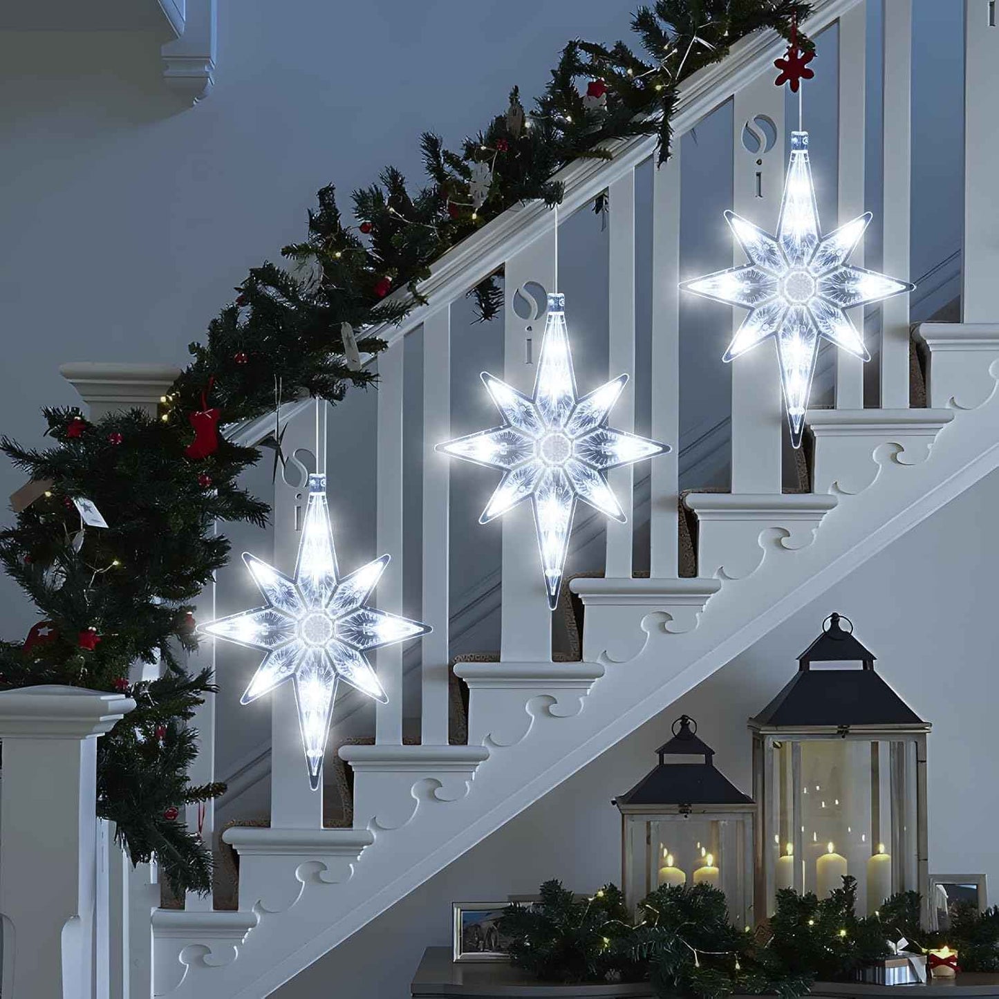 3Pcs Christmas Window Lights Decorations with Timer,Battery Powered Christmas Window Hanging White Lighted Lucky Star Shaped LED Sucker Lamp for Xmas Tree Fireplace Window Indoor Outdoor Decor