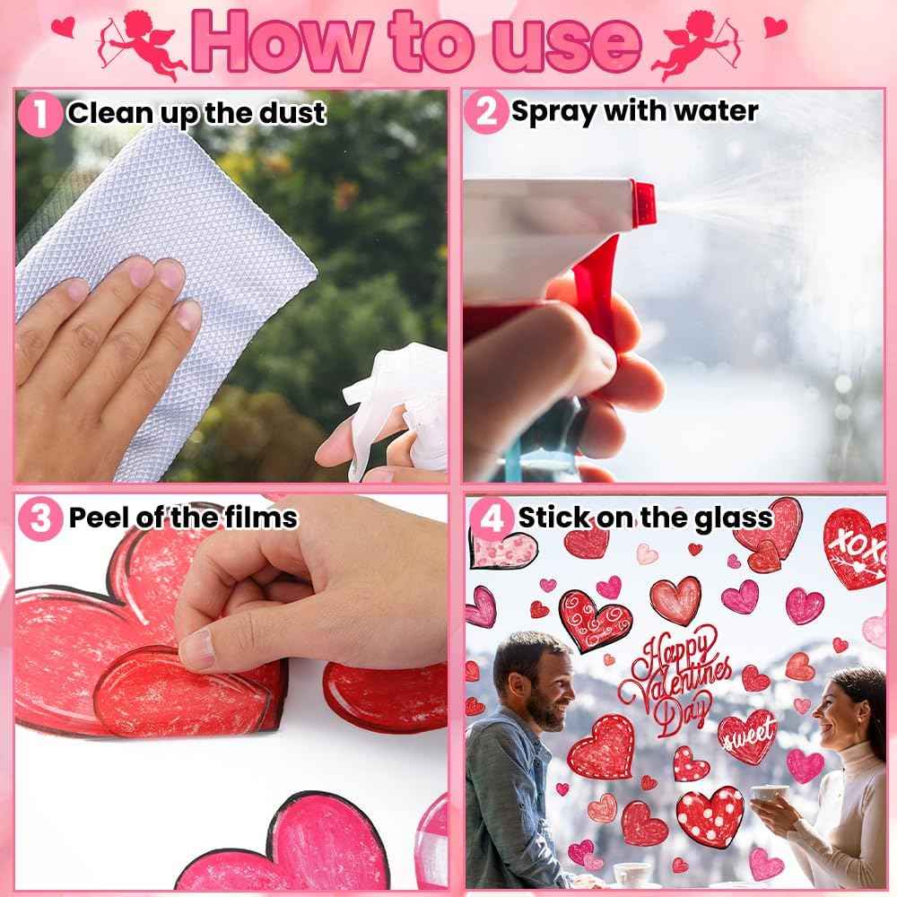 DIYDEC 6 Sheets Valentines Window Cling Double-Sided Pink Red Love Heart Window Stickers Happy Valentines Window Decals for Home Wedding Anniversary Party Store Glass Holiday Decoration