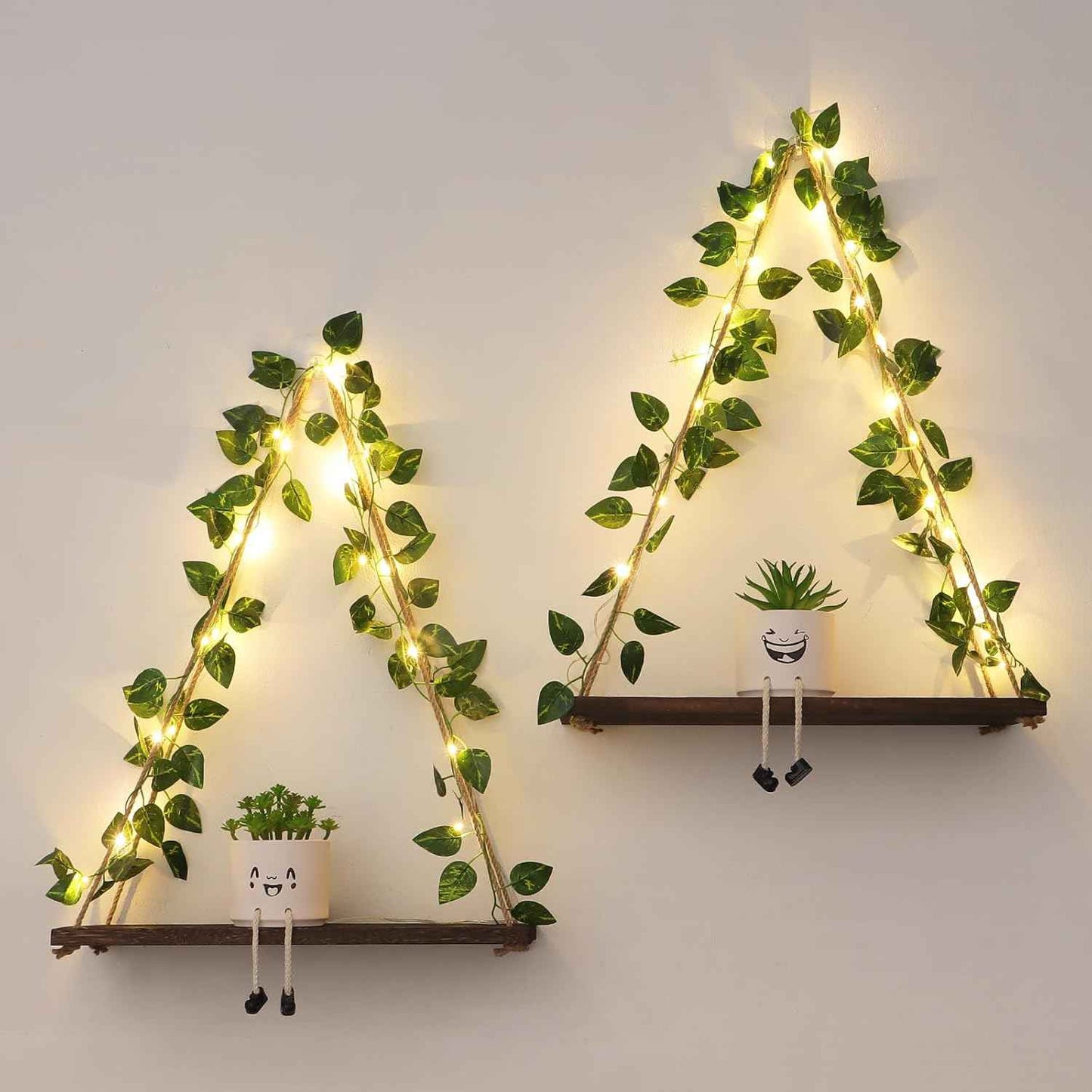 Floating Shelves for Wall, Hanging Shelves with Artificial Ivy LED String Light, No Drilling Hanging Shelf, Wood Hanging Plant Shelves for Wall DΓ©cor, Boho Decor, Art Bedroom, Set of 2