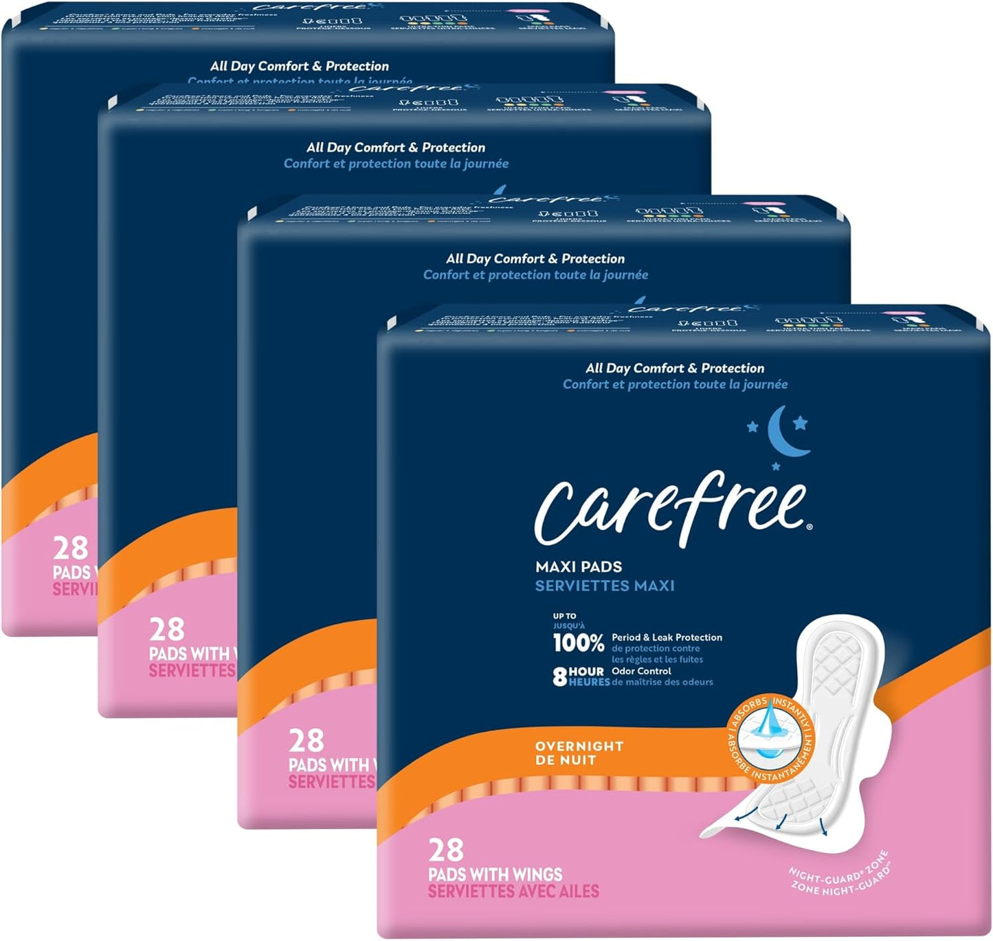 Carefree Maxi Pads for Women, Overnight Pads with Wings, 28ct | Carefree Pads, Feminine Care, Period Pads & Postpartum Pads | 28ct (Pack of 1)