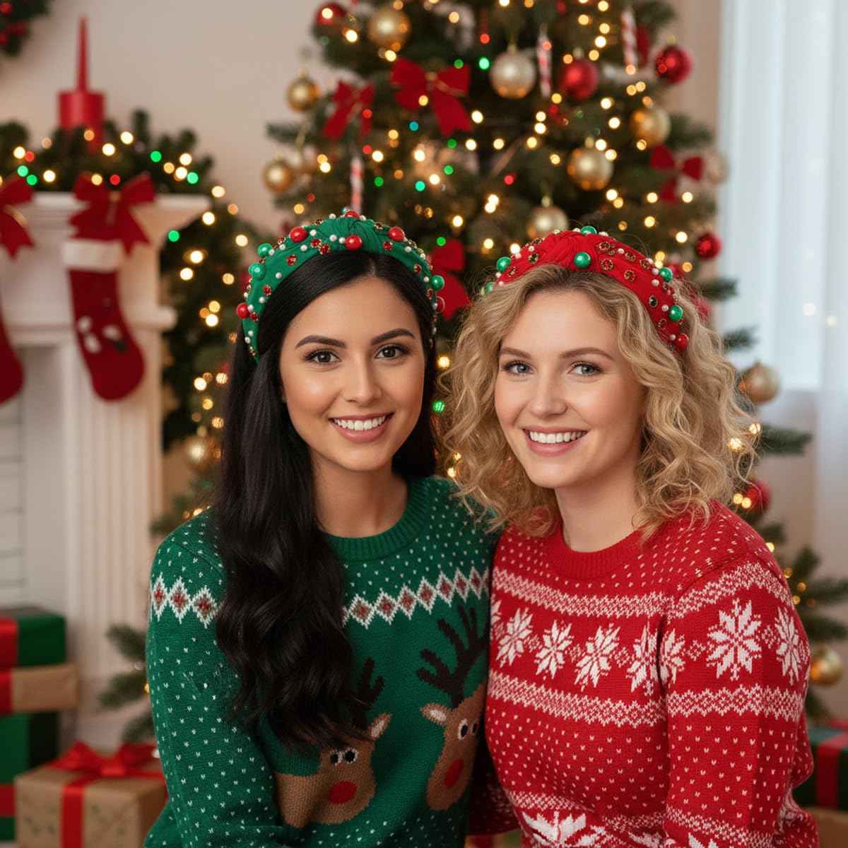 2Pcs Christmas Headbands for Women - Red Green Pearl Rhinestone Crystal Jeweled Christmas Headband - Womens Headbands Fashion Elegant Wide Top Knot for Women Holiday Clothes Accessories(Red Green)