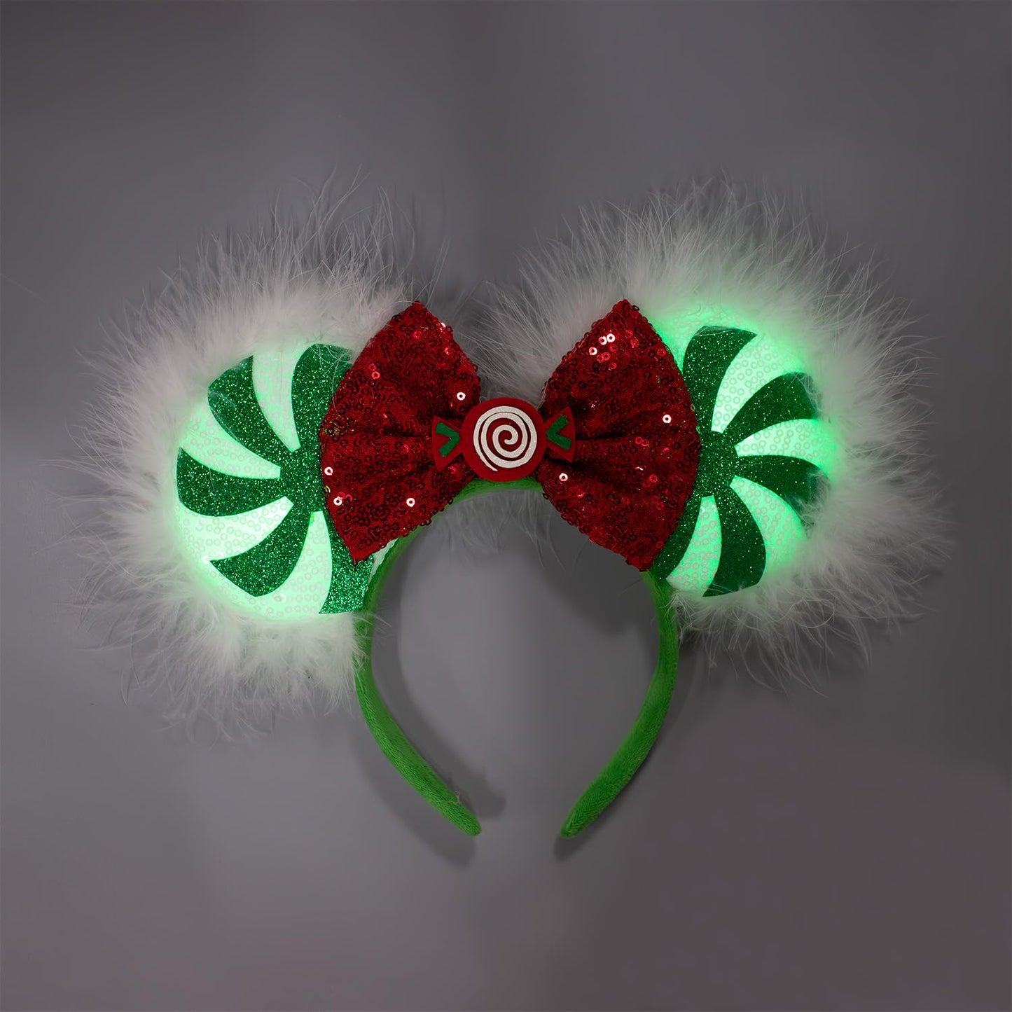 JIAHANG Christmas LED Flash Mouse Ear Headband, Lollipop Light Up Furry Edged Sequin Bow Hairband, Glowing Festival Party Decoration Headwear for Women Girls