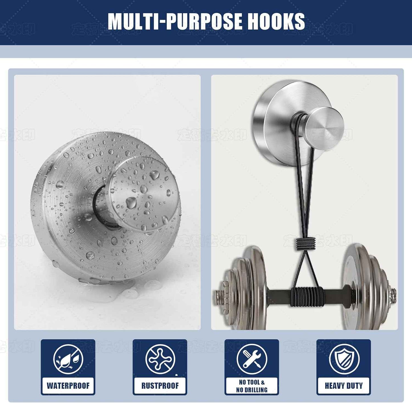 Silver Suction Cup Hooks for Shower Waterproof - Set of 4, No Drill Stainless Steel Towel Hooks for Bathroom Wall, Kitchen, Glass, Mirror, Tile - Ideal for Hanging Towels, Robes, and Loofahs