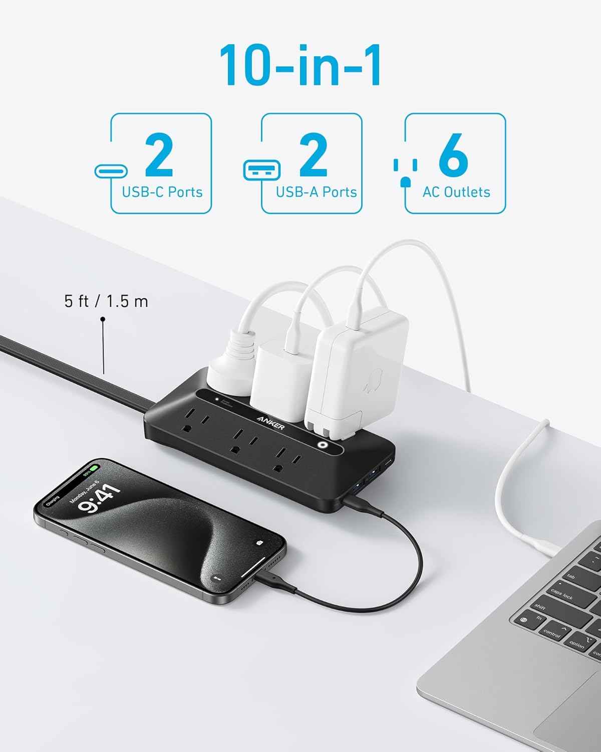 Anker 300J Flat Plug 10-in-1 Ultra Thin Power Strip with 6 AC, 2 USB-A & 2 USB-C Ports, Extension Cord, Desk Charging Station for Home, Office, College, Dorm, 5 Feet, Black